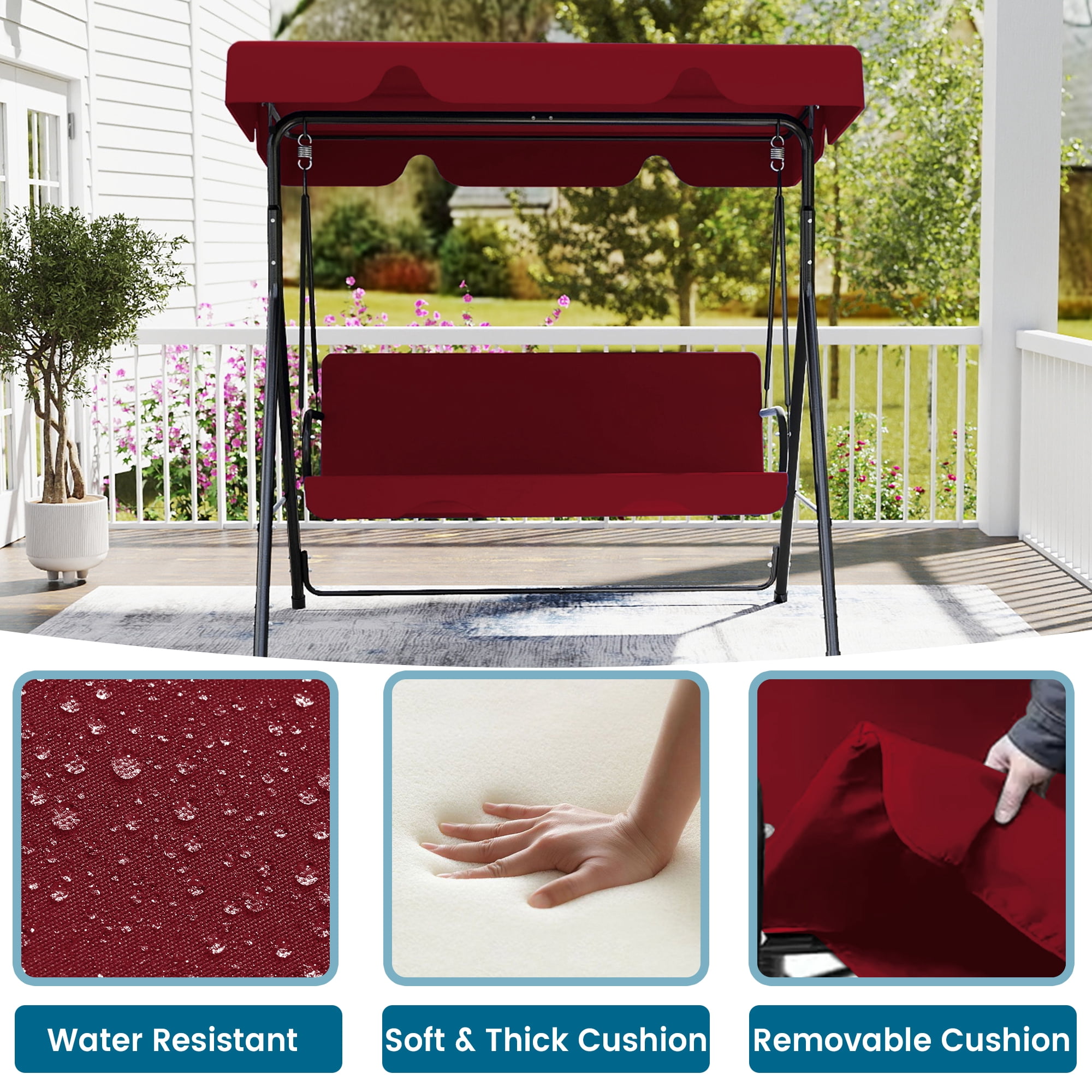 Skandiquip 3-Seater Outdoor Porch Swing with Adjustable Canopy, Heavy-Duty Steel Patio Glider (Red, 500 lb Capacity) gwyjv