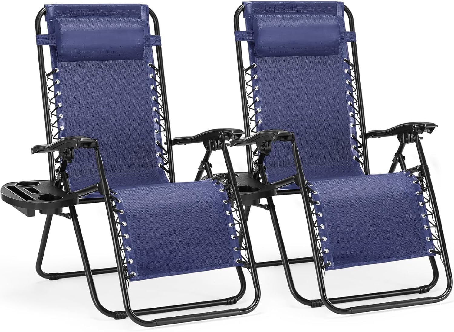 BIGLEAP Zero Gravity Recliner Chairs, Portable Folding Lounge Chairs with Cup Holder Trays and Adjustable Pillows (Blue, Set of 2) pu911