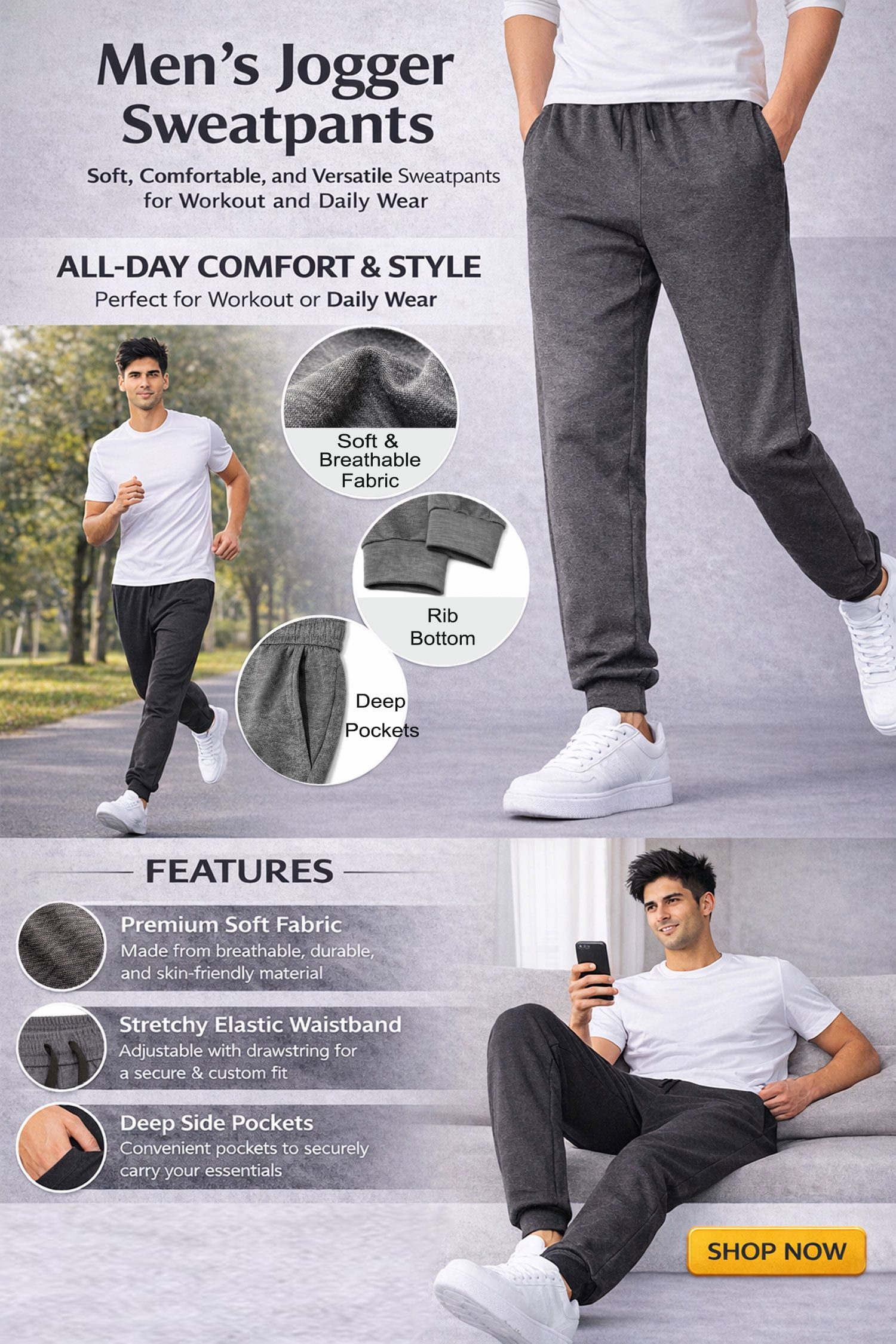 SMNDY Men's Active Athletic Jogger Sweatpants with Pockets (Black, S, 3 Pack) wn2iz