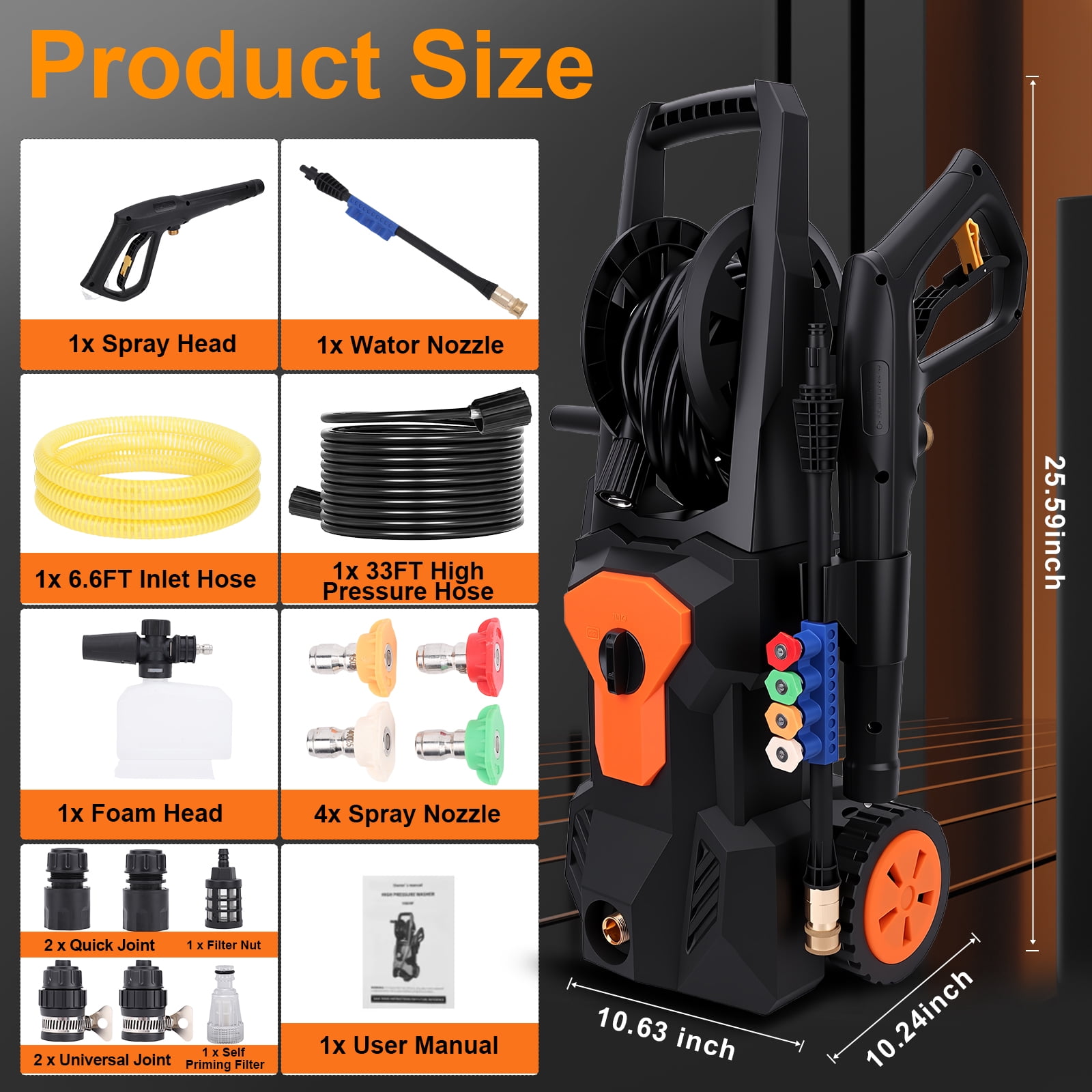 Ldyso Electric Pressure Washer, 4500 PSI 3.2 GPM Power Washer with Hose Reel and 4 Spray Nozzles (33 ft Hose) h1q5h