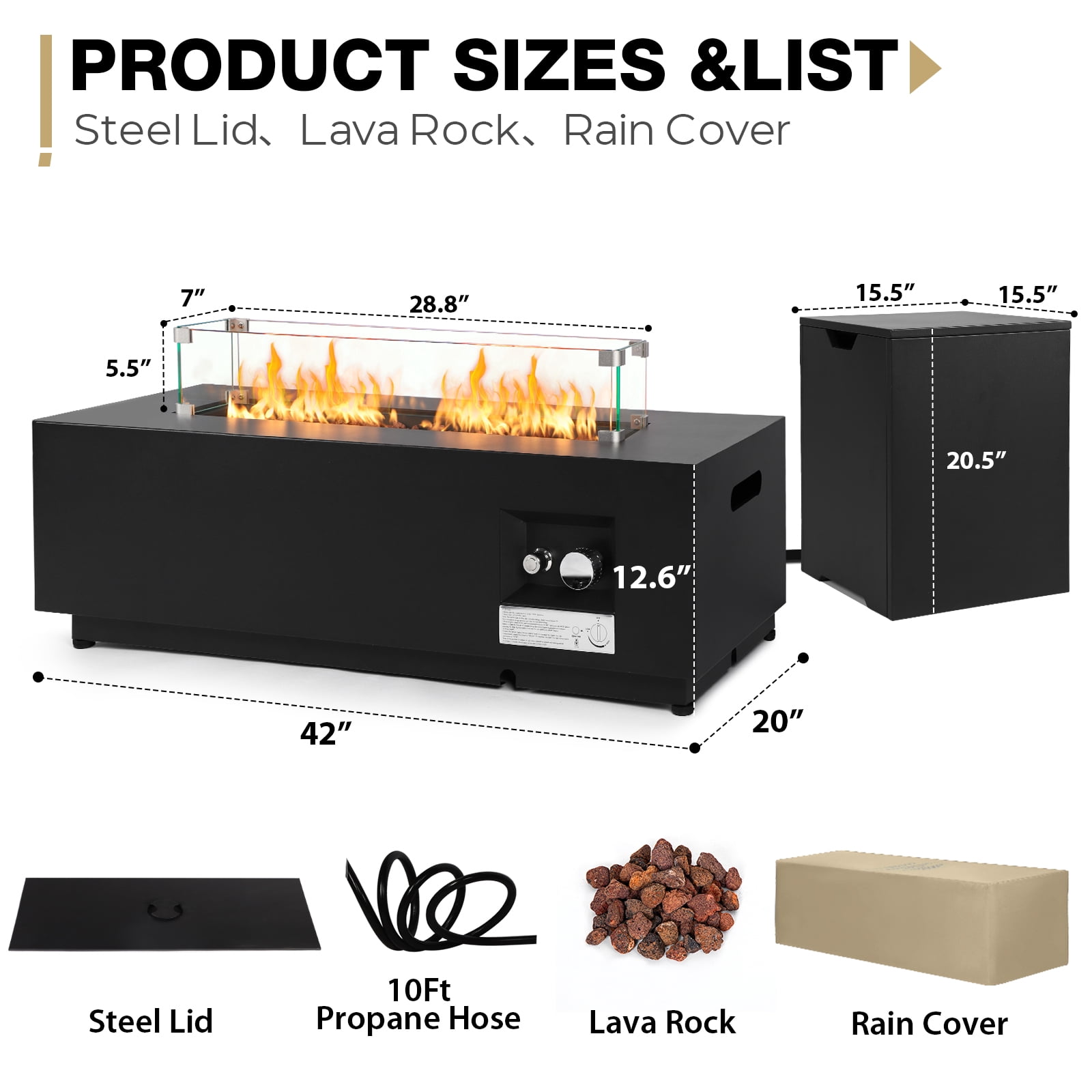 ReeQuo 42 in Rectangle Propane Fire Pit Table with Lid, Wind Guard, and Tank Hideaway (Black, 42 in) kio97