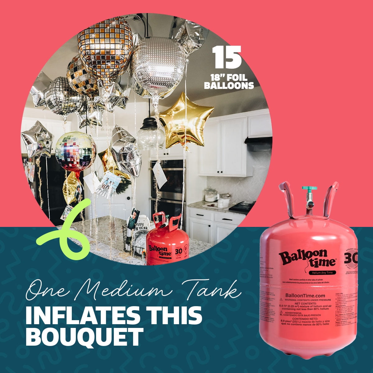 Balloon Time Helium Tank Kit for Party Decorations with Ribbons and Balloons (Medium, 8.9 cu ft) 6ayji