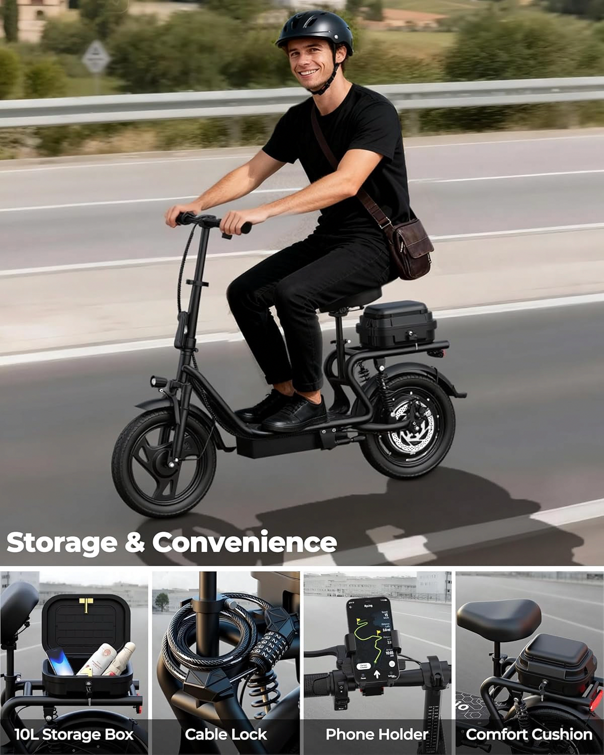 Generic Electric Scooter Commuter E-Scooter with Seat and Storage (Black, 264 lb Capacity) wipc3