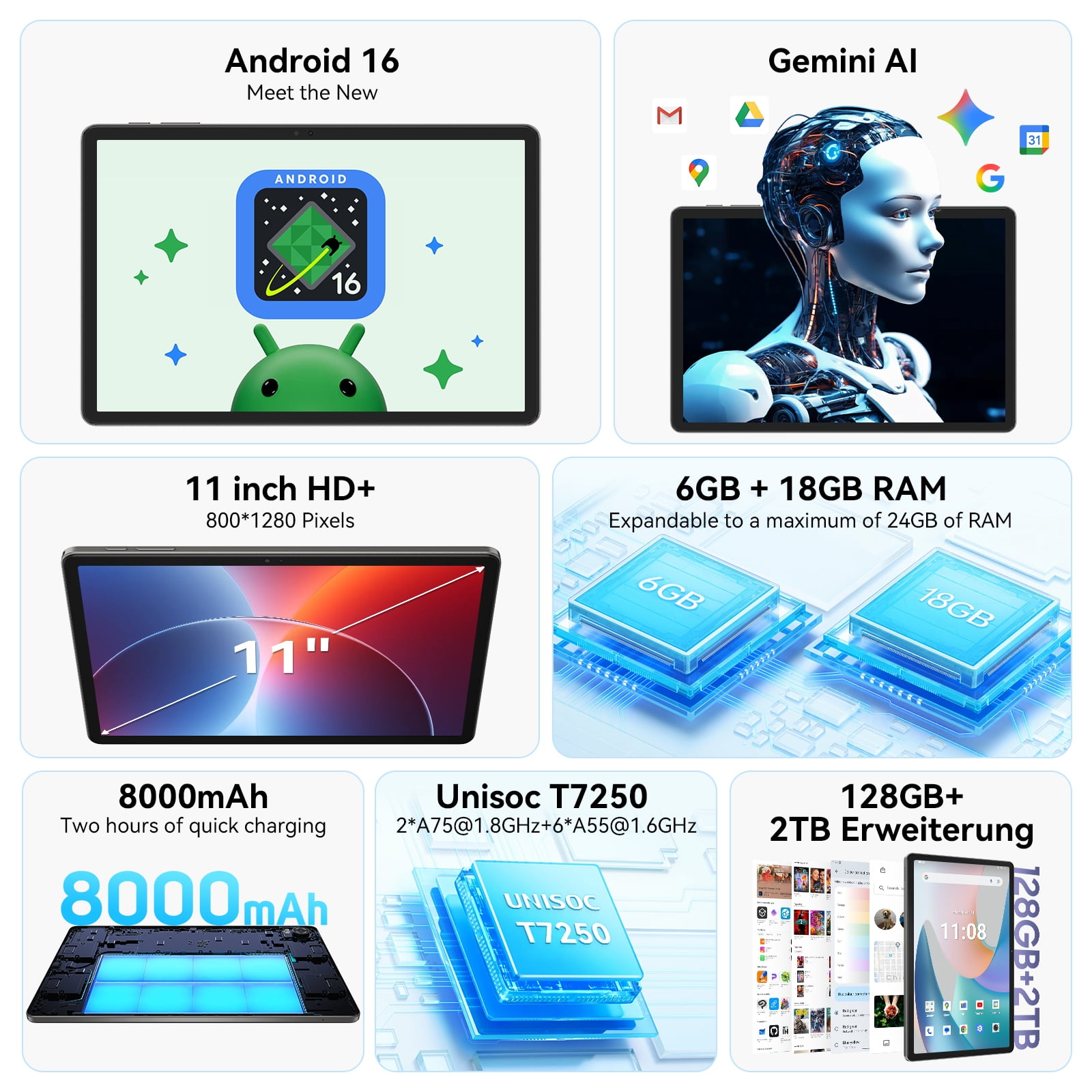 TABWEE Android 16 AI Tablet (11 in, 24GB RAM, 128GB ROM, Grey) 9c3xz