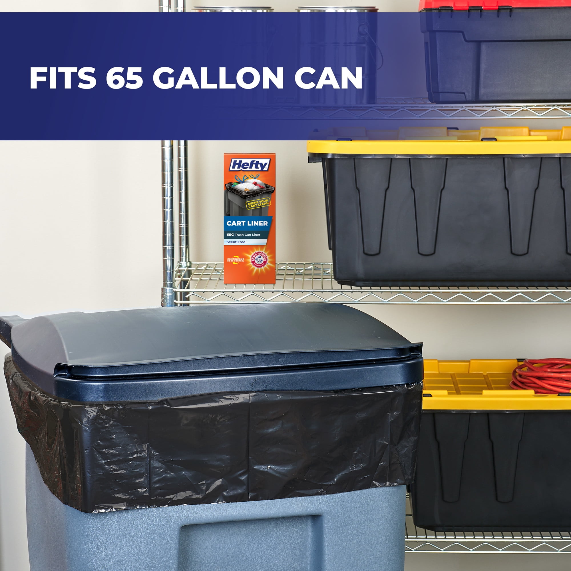 Hefty Cart Liner Trash Bags, Heavy-Duty Drawstring Bin Liners (Black, 65 Gallon, 10 Count) l618v