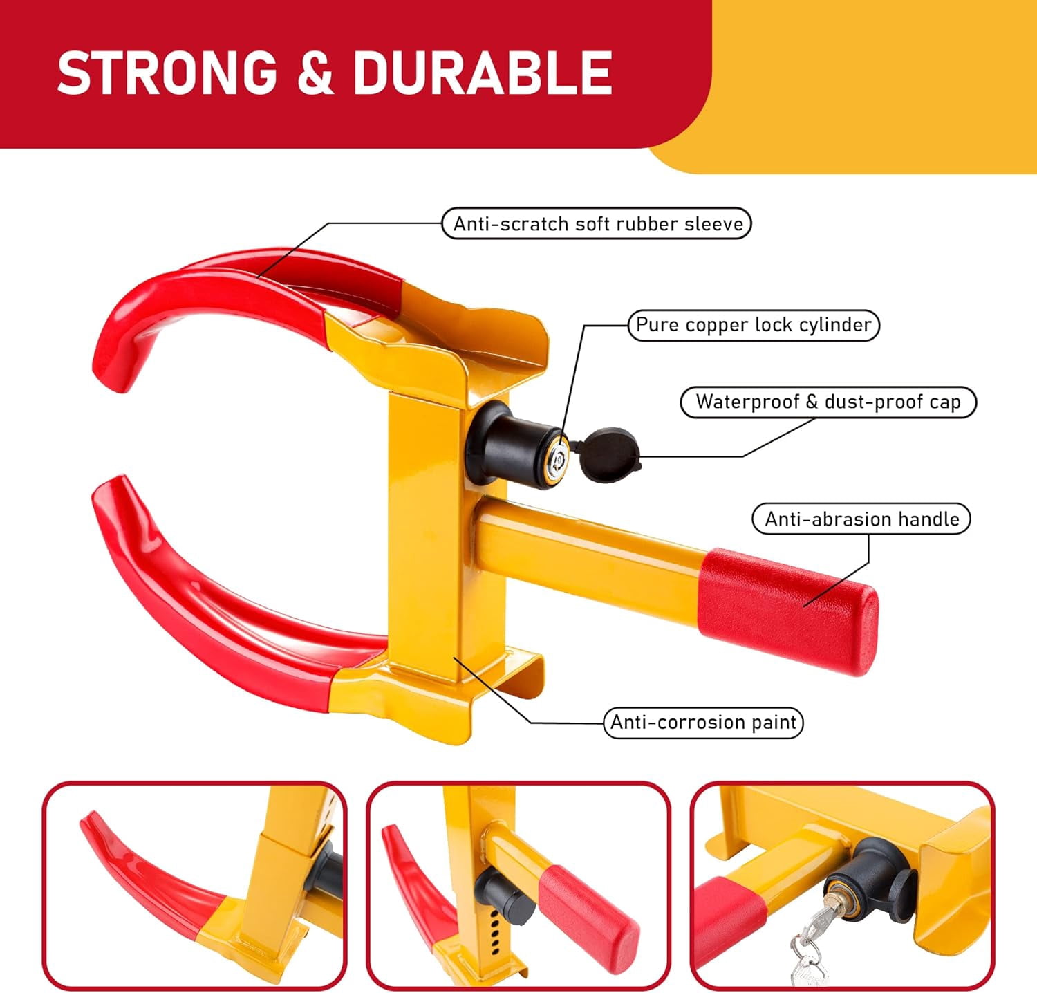 FATFOX Heavy Duty Wheel Clamp Lock, Universal Anti-Theft Security Tire Clamp for Trailers and SUVs (Yellow, 7-11 in Width) c5k9l