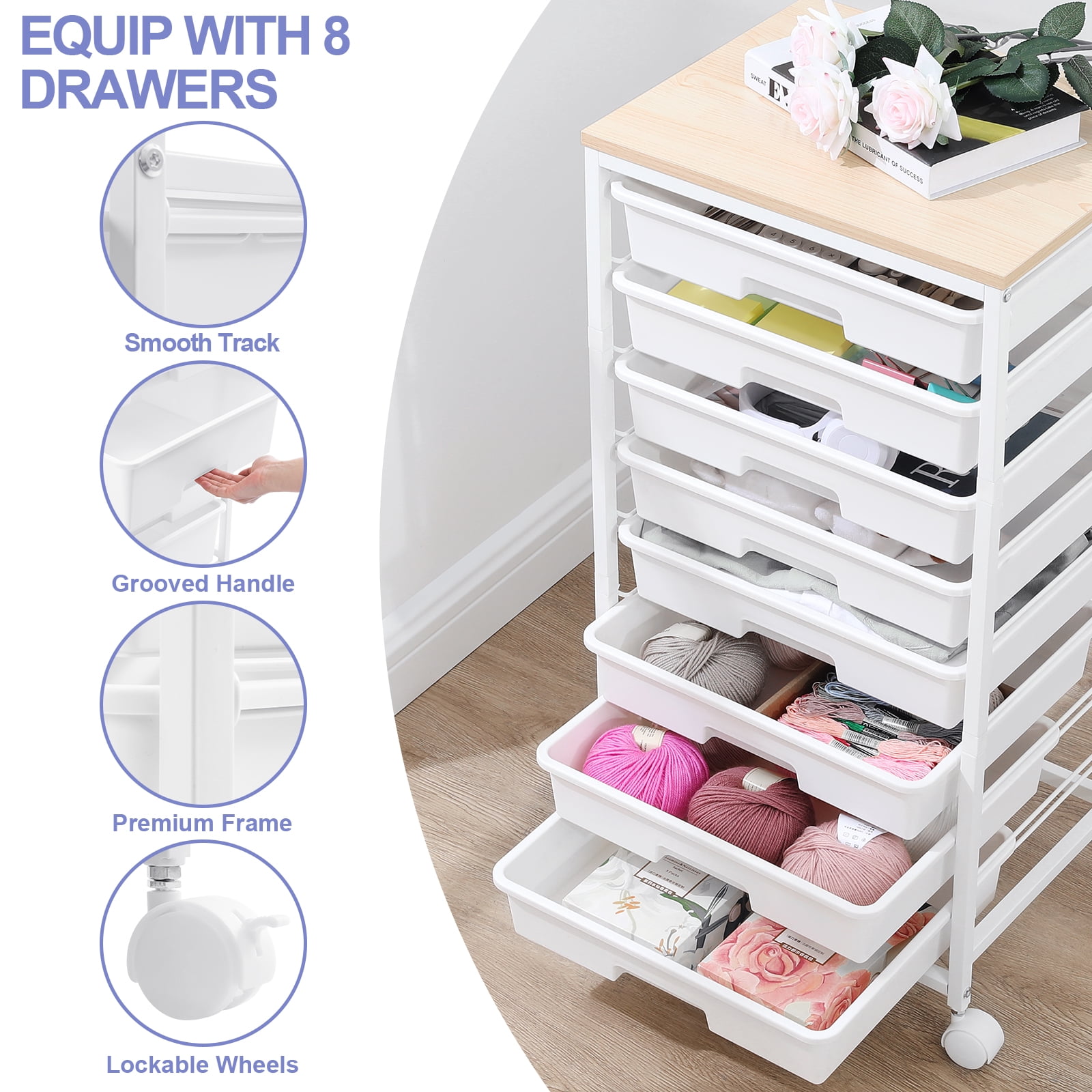 KINGRACK Rolling Storage Cart with 8 Drawers and Wooden Tabletop (White, 15.55 in x 12.60 in x 31.18 in) v4xgi