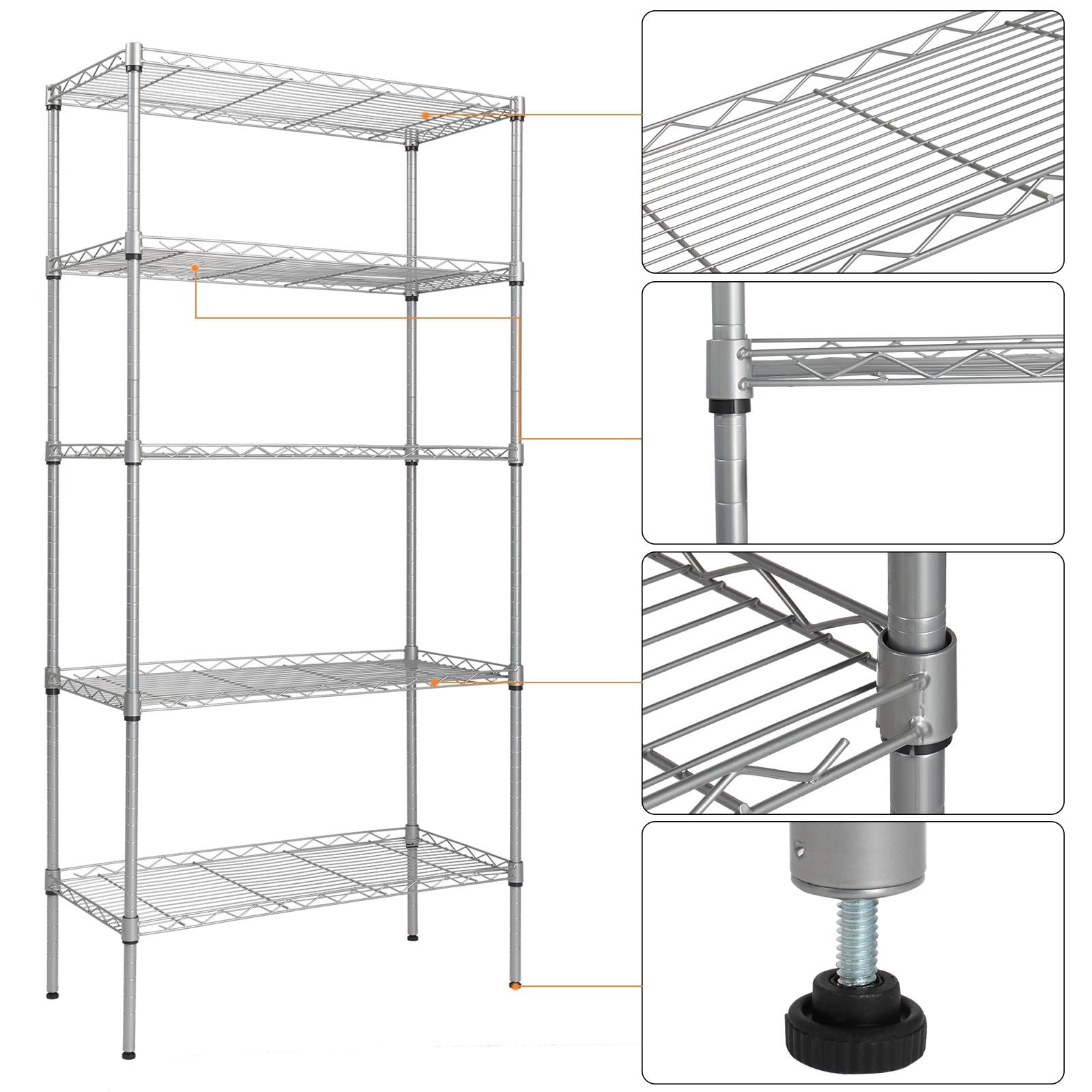 Ktaxon 5-Tier Heavy-Duty Wire Shelving Unit, Adjustable Steel Storage Rack for Garage and Kitchen (Silver, 29.13 in W x 13.39 in D x 59.06 in H) 9h852