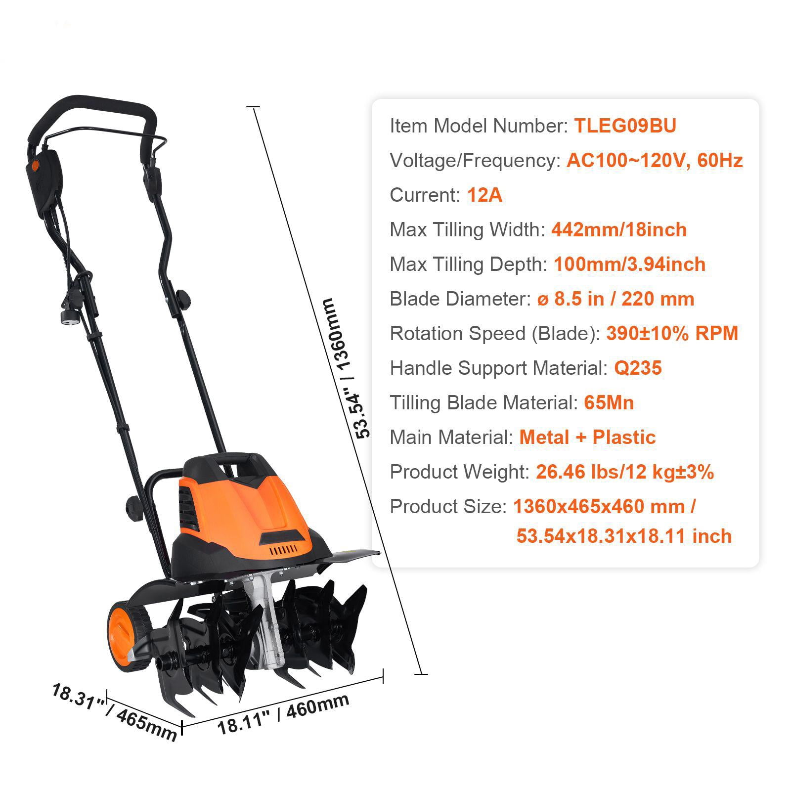 GUOXIANG 12 Amp Electric Tiller Corded Garden Cultivator with Manganese Steel Blades (18 in Width, 3.94 in Depth) 6g0rd