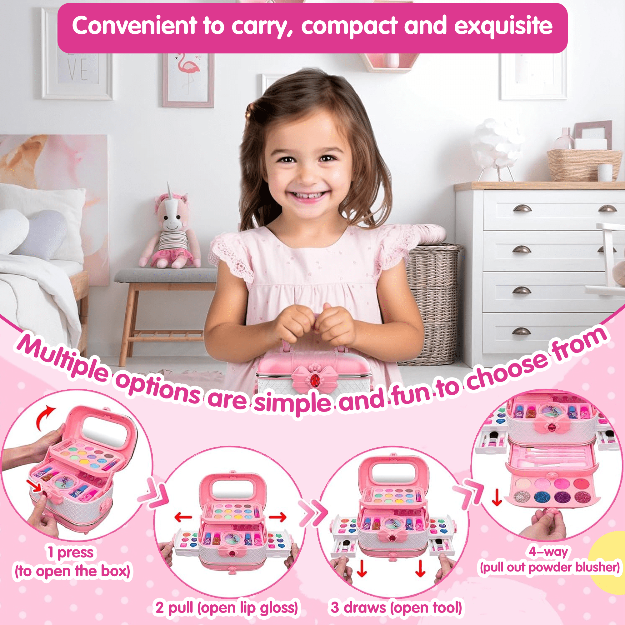 Richgv Kids Makeup Kit, Pretend Play Cosmetic Set for Girls, Washable Beauty Activity Case (Pink, 57 Pcs) vkepg