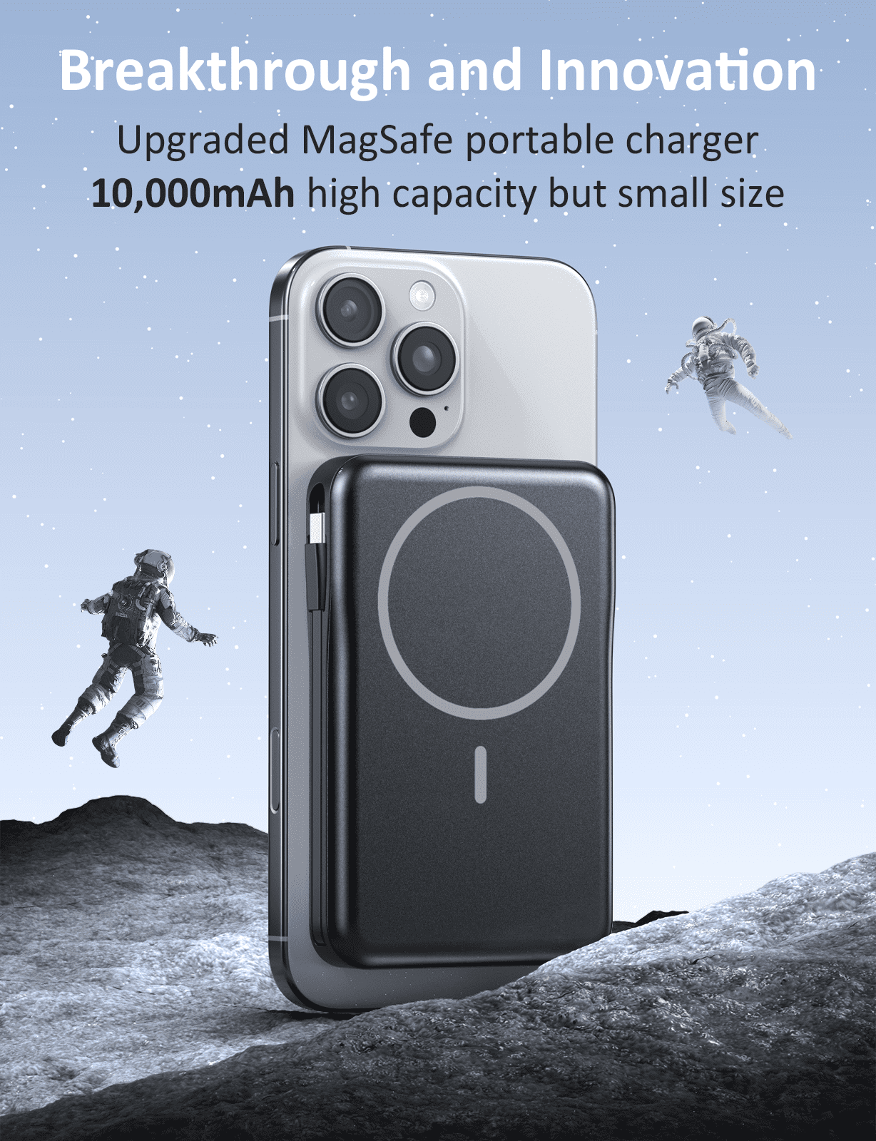 Breezio Magnetic Portable Charger (10000mAh, 20W Fast Charging, 5-in-1 Power Bank with Built-in Cable, Black) 2x8ce