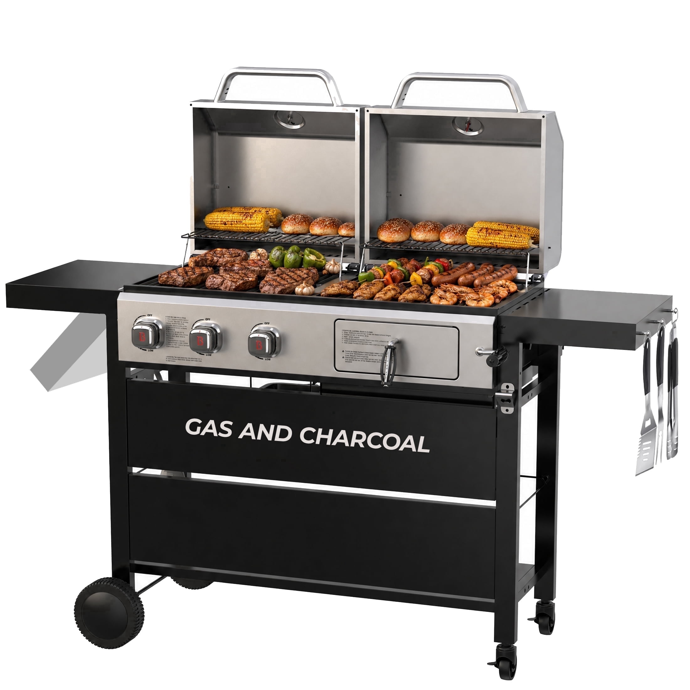 Flintex Dual Fuel Propane Gas and Charcoal BBQ Grill with Stainless Steel Lids (Silver, 678 sq in) pbr8n