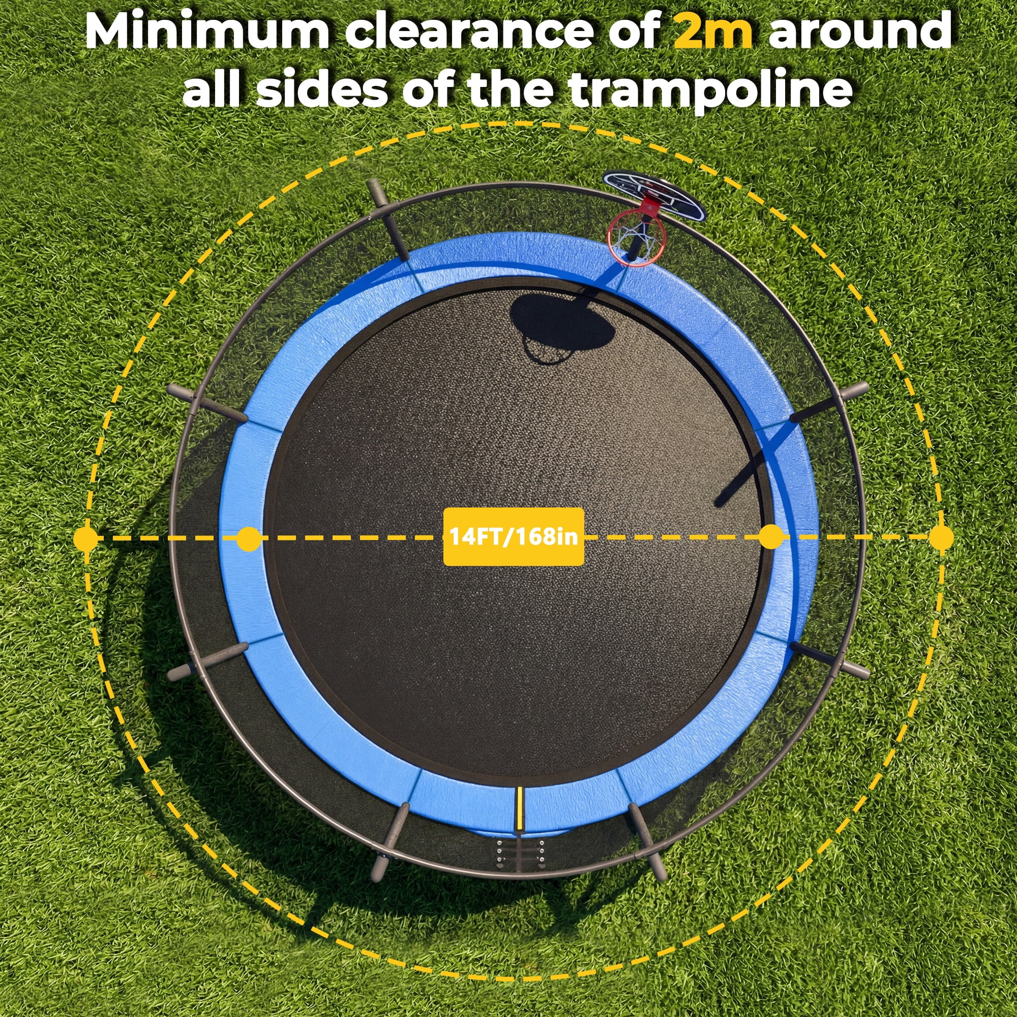 Mersco 14ft Outdoor Trampoline with Enclosure Net, Basketball Hoop, and Storage Bag (Blue, 14 ft) ue87b
