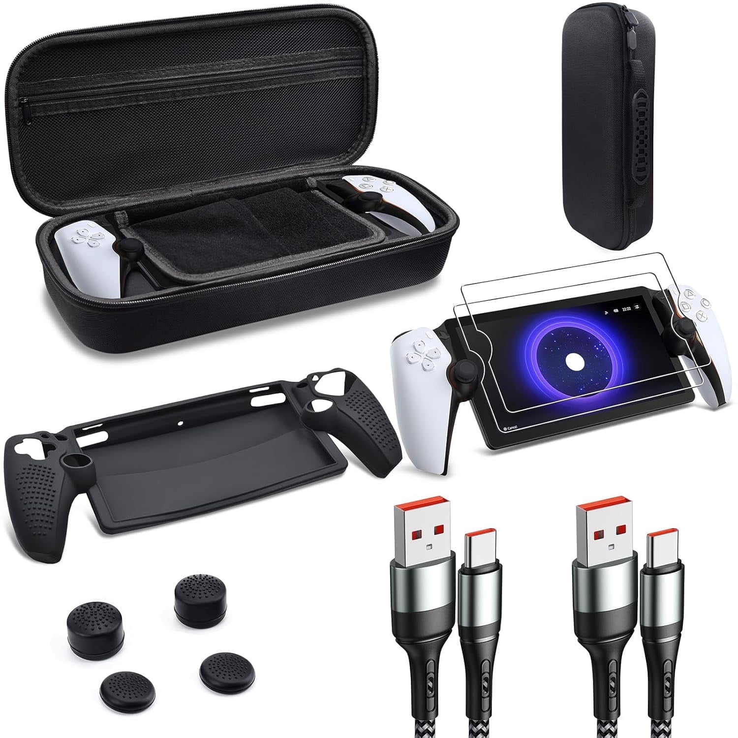 Uberwith PS Portal Accessories Bundle, EVA Carrying Case with Silicone Protective Cover, Screen Protector, Stick Caps, and USB C Cables (10-Piece Set) 6omtx