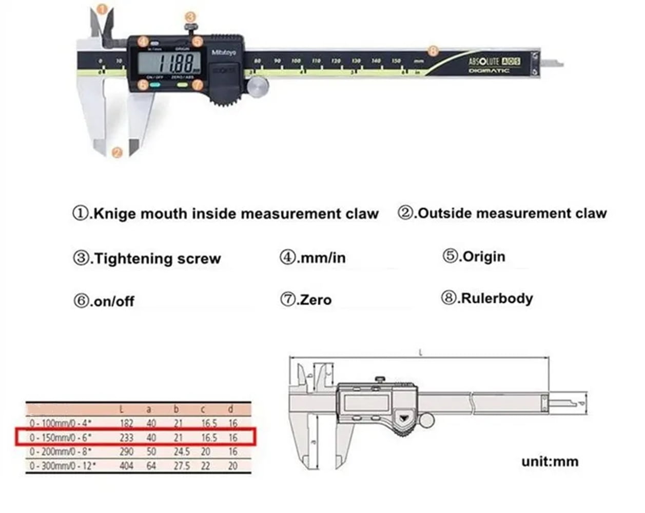 Mitutoyo 500-193-30 AOS Digital Caliper, Stainless Steel Precision Measuring Tool, Large LCD Display (0 to 12 in) za63d