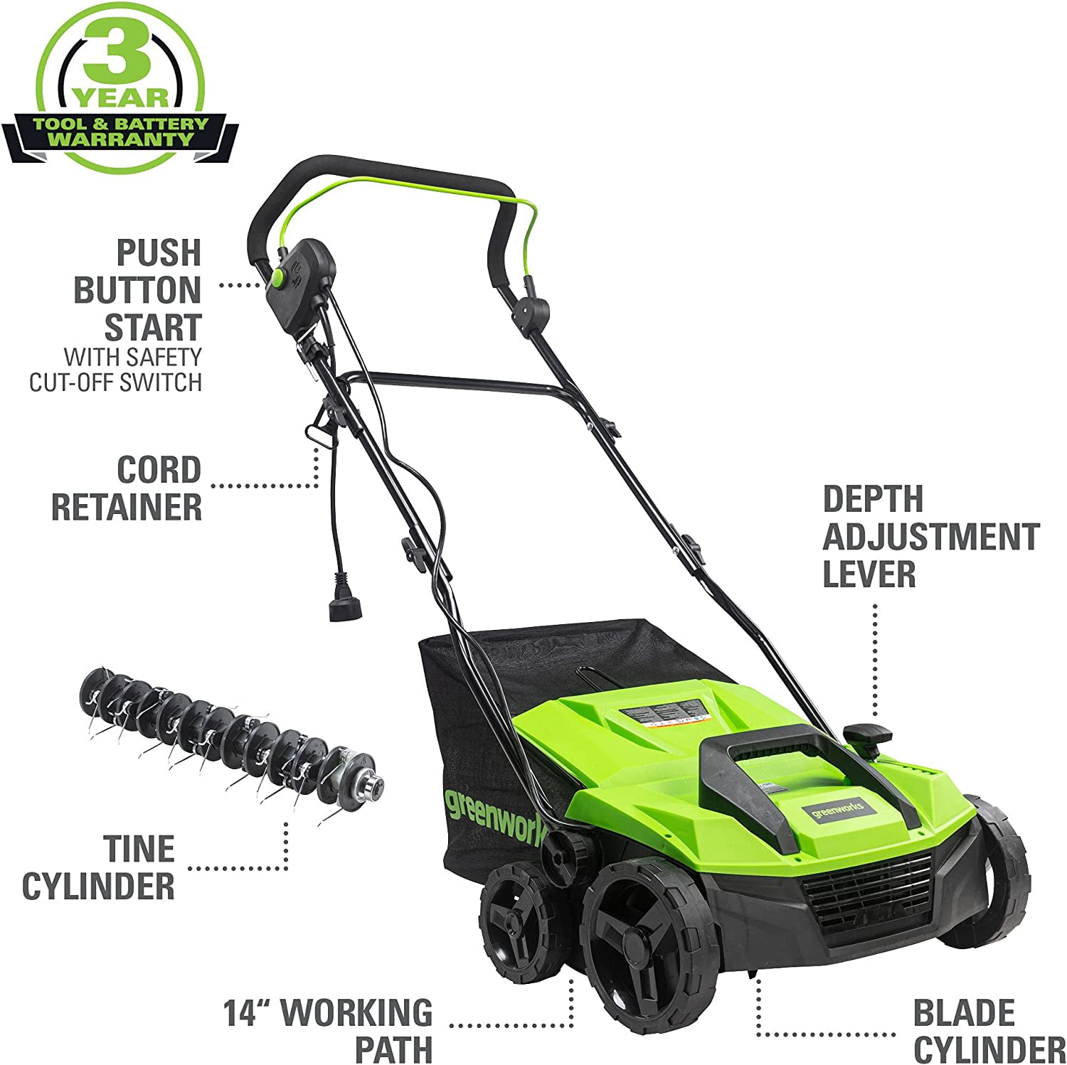 Greenworks 13 Amp 14 in Corded Dethatcher and Scarifier (Green, 14 in) bh7hw