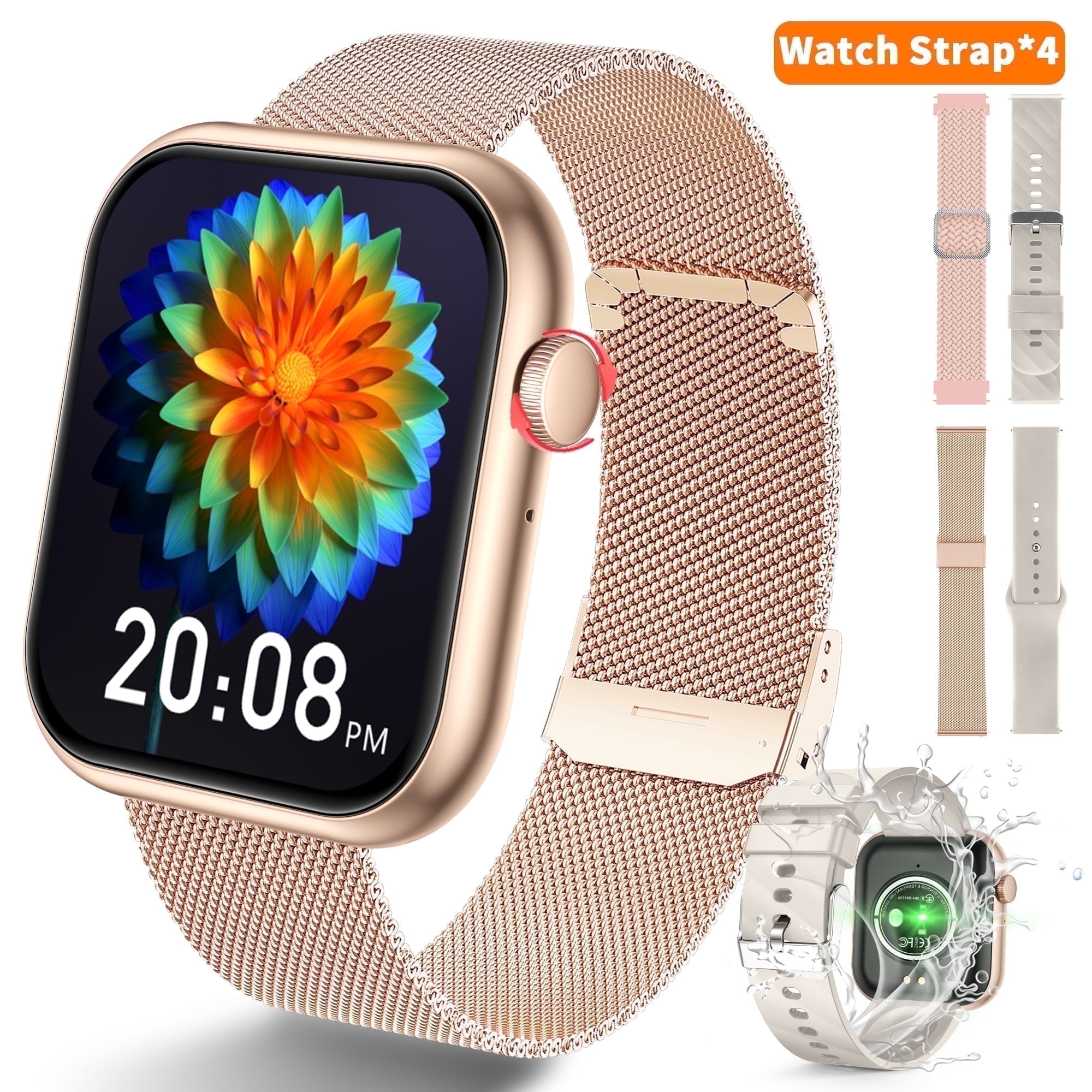 Visentor Smart Watch Fitness Tracker with Bluetooth Calling and 4 Interchangeable Bands (Gold, 1.96 in) r3ihs