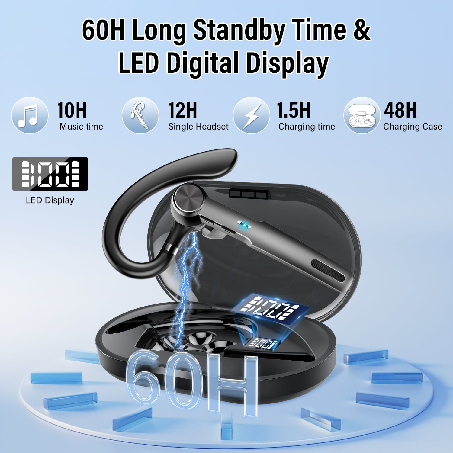 Aptkdoe Single-Ear Bluetooth Headset with ENC Microphone, Wireless Earpiece for Business and Driving (Black, 400mAh Charging Case) 1vq2c