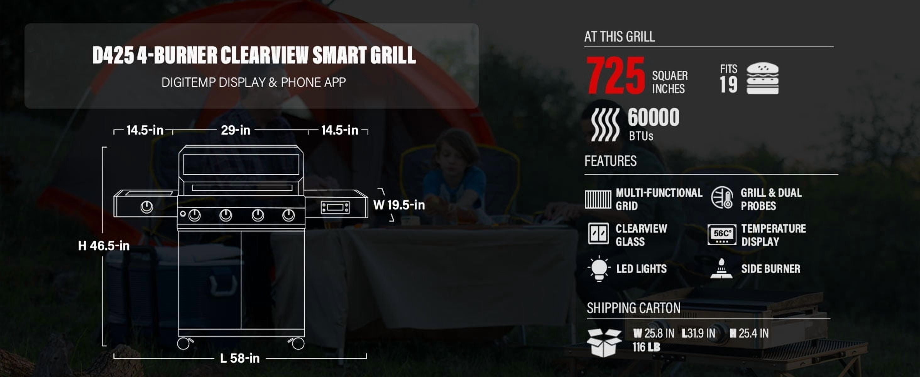 Monument Grills Denali 4-Burner Propane Gas Grill with Clearview Lid and Side Burner (Stainless Steel, 710 sq. in.) 5jyr6