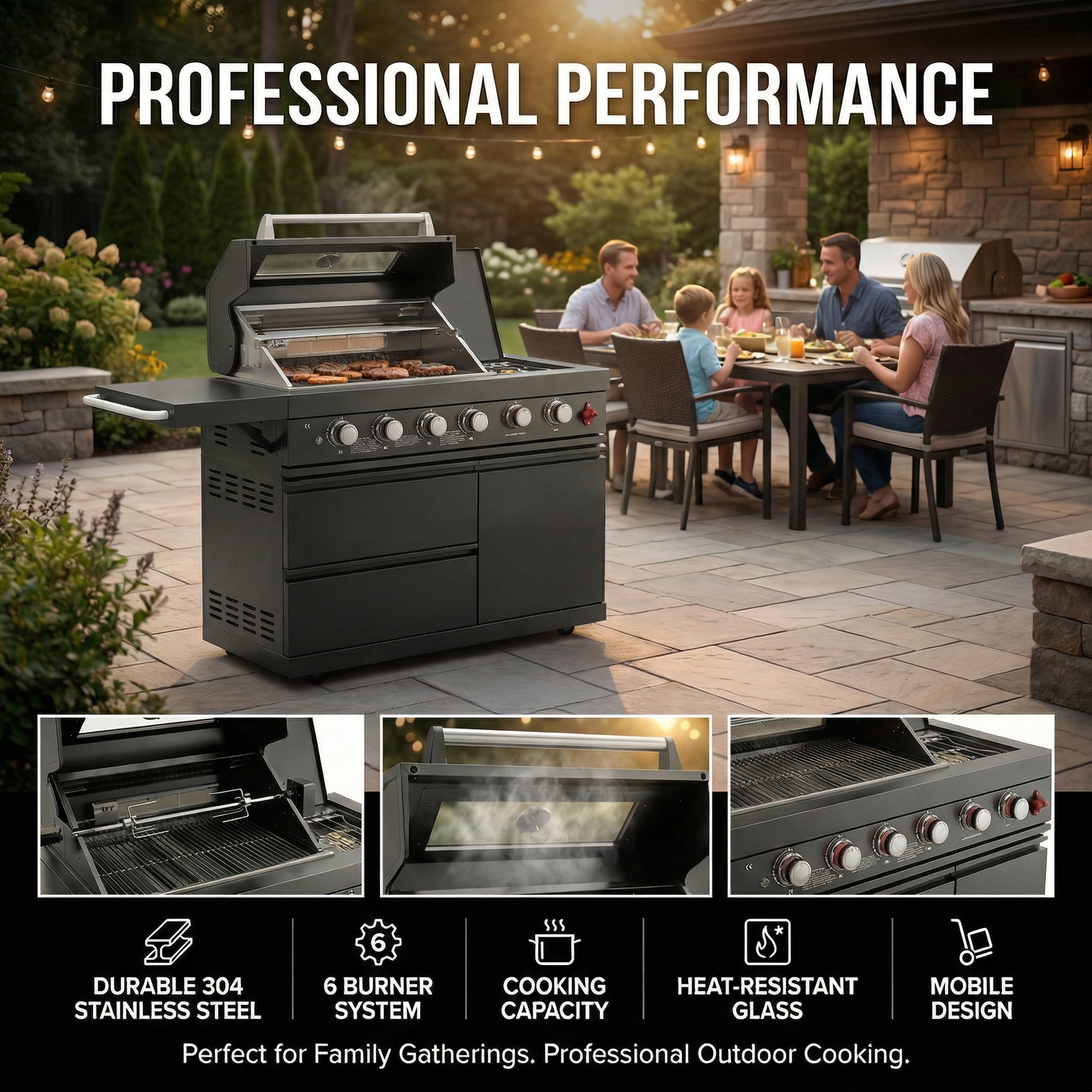 Chery Industrial 46-Inch Outdoor Kitchen Island Grill, 6-Burner Stainless Steel BBQ with Rotisserie Kit & Granite Countertop (Black, 46 in) toiic