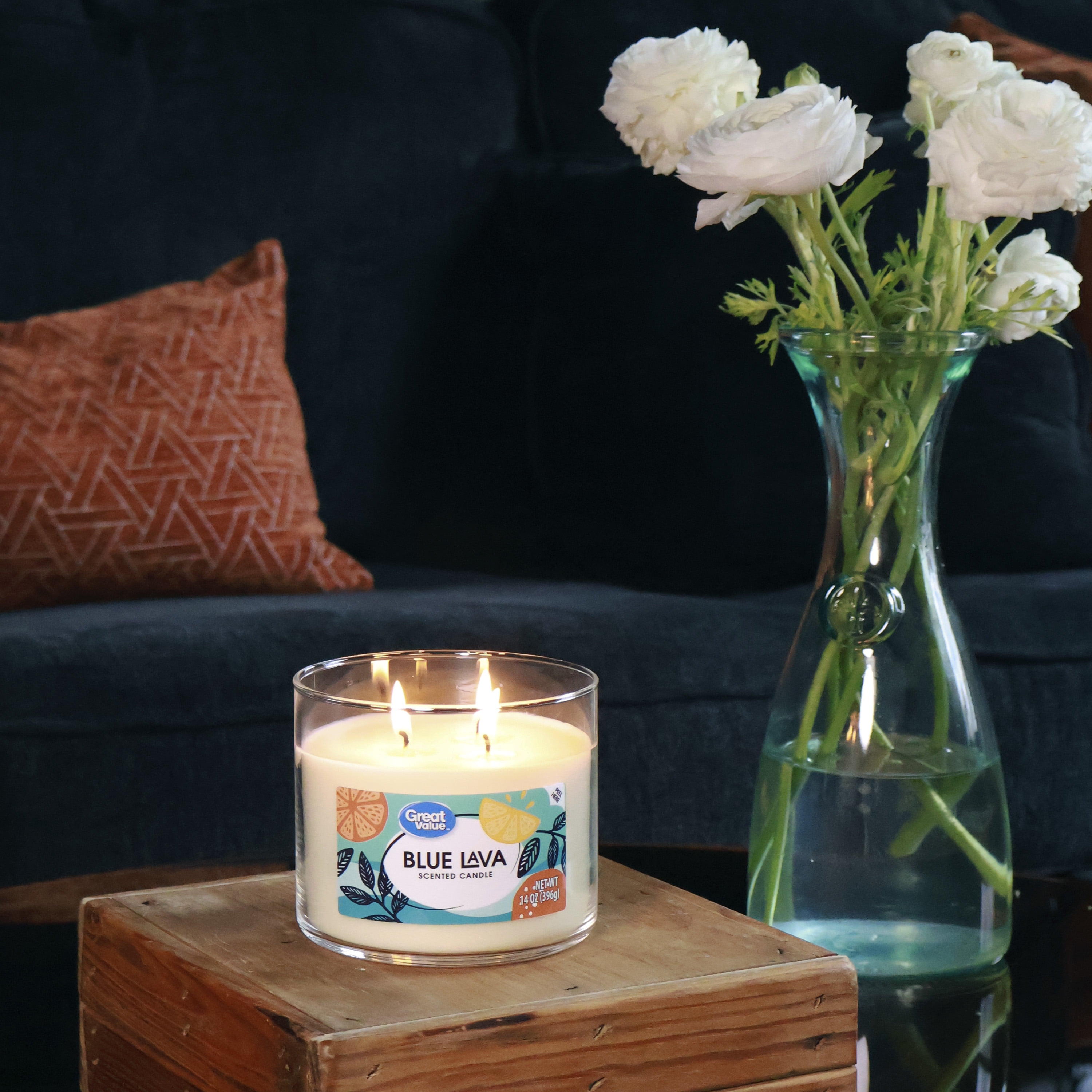Great Value Scented Candle, 3-Wick Soy-Blend Wax, Blue Lava Fragrance (Blue, 14.5 oz) 0kfbo