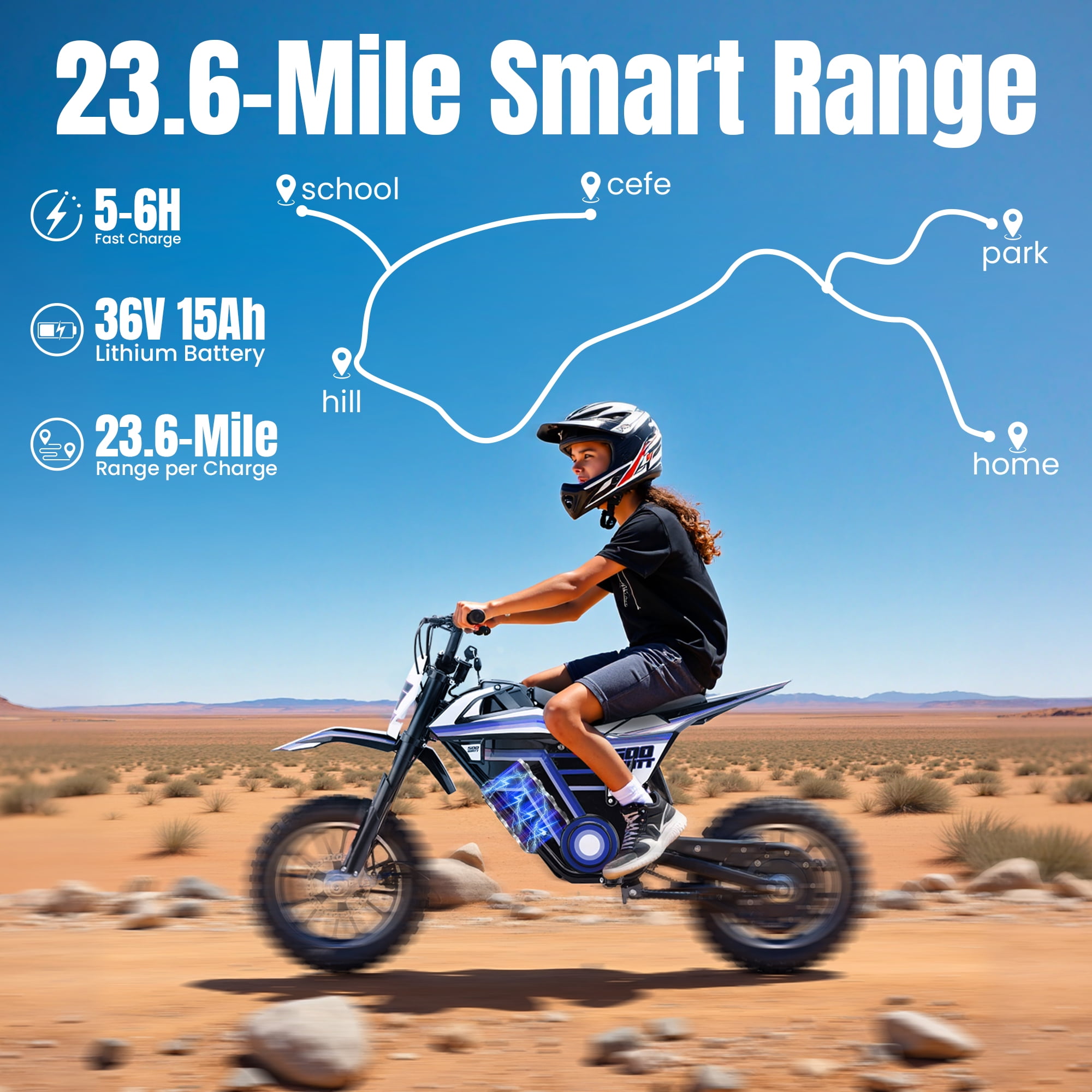 QEASET Electric Dirt Bike, 500W Off-Road Motorbike for Kids, Dual Suspension (Blue, 150 lb Capacity) mhvdp