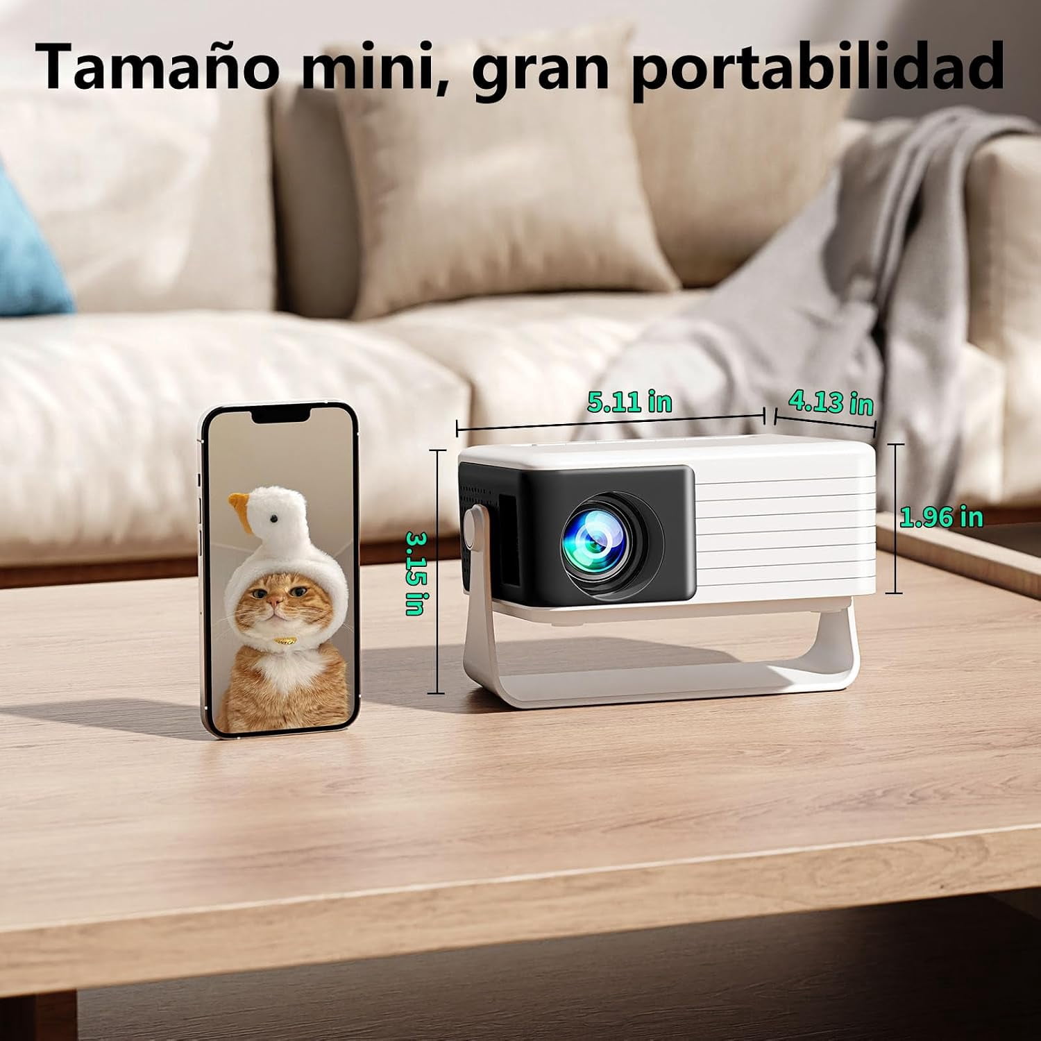CocoBear Mini Projector, Native 720P Portable Movie Projector with 360° Rotating Stand, Auto Keystone & Zoom, Compatible with iOS Android HDMI USB (White) cyzdq