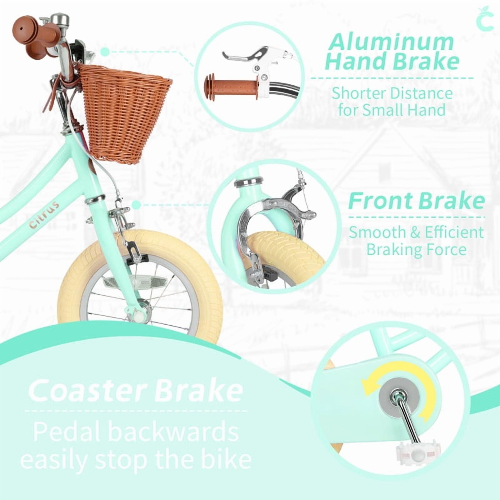Vollsch Kids Retro Vintage Style Bicycle with Basket and Training Wheels (Mint Green, 12 in) zeop1