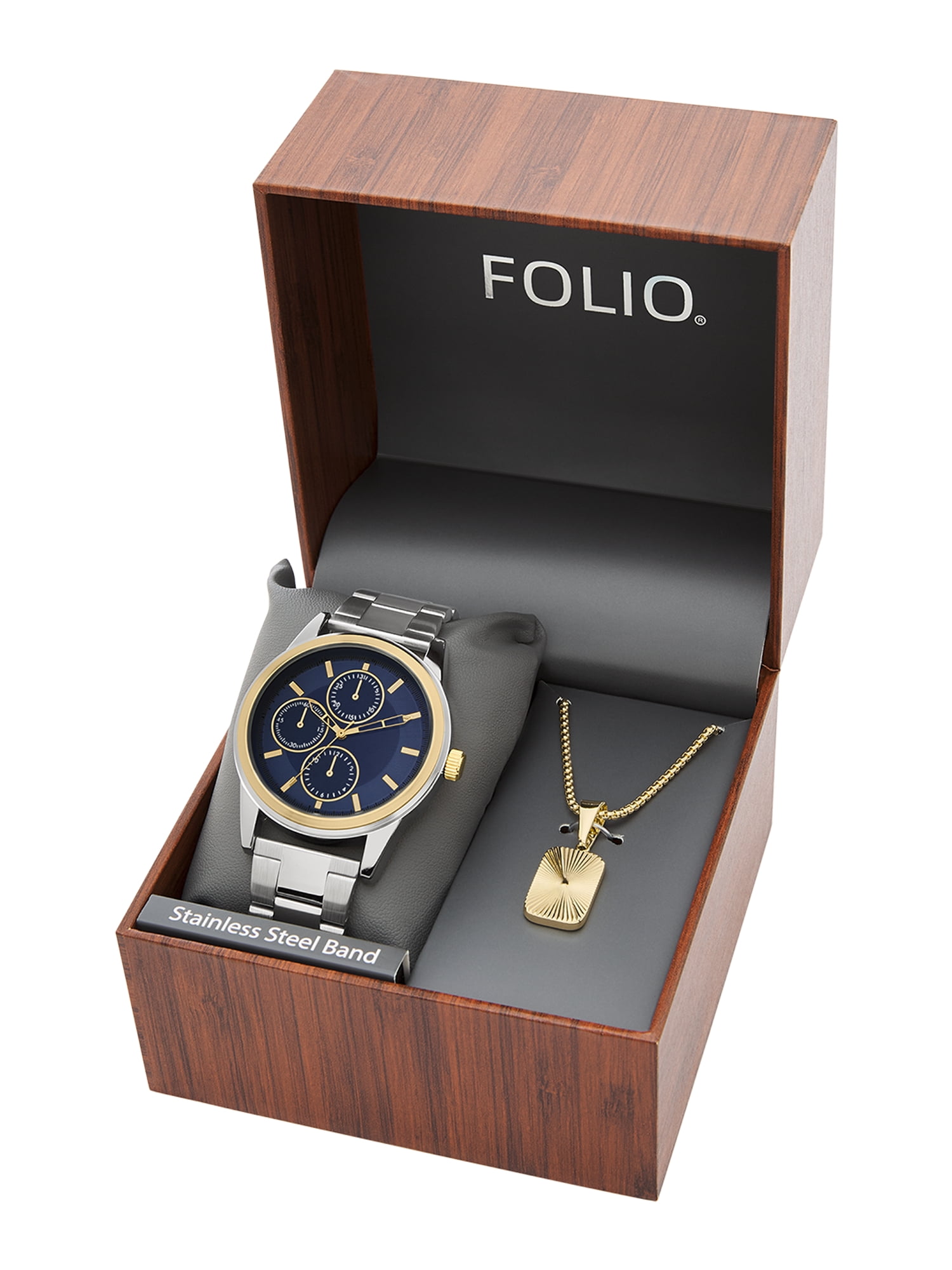 Folio Men's Two-Tone Stainless Steel Watch and Pendant Necklace Gift Set (Silver/Gold, 44mm) uh5fh