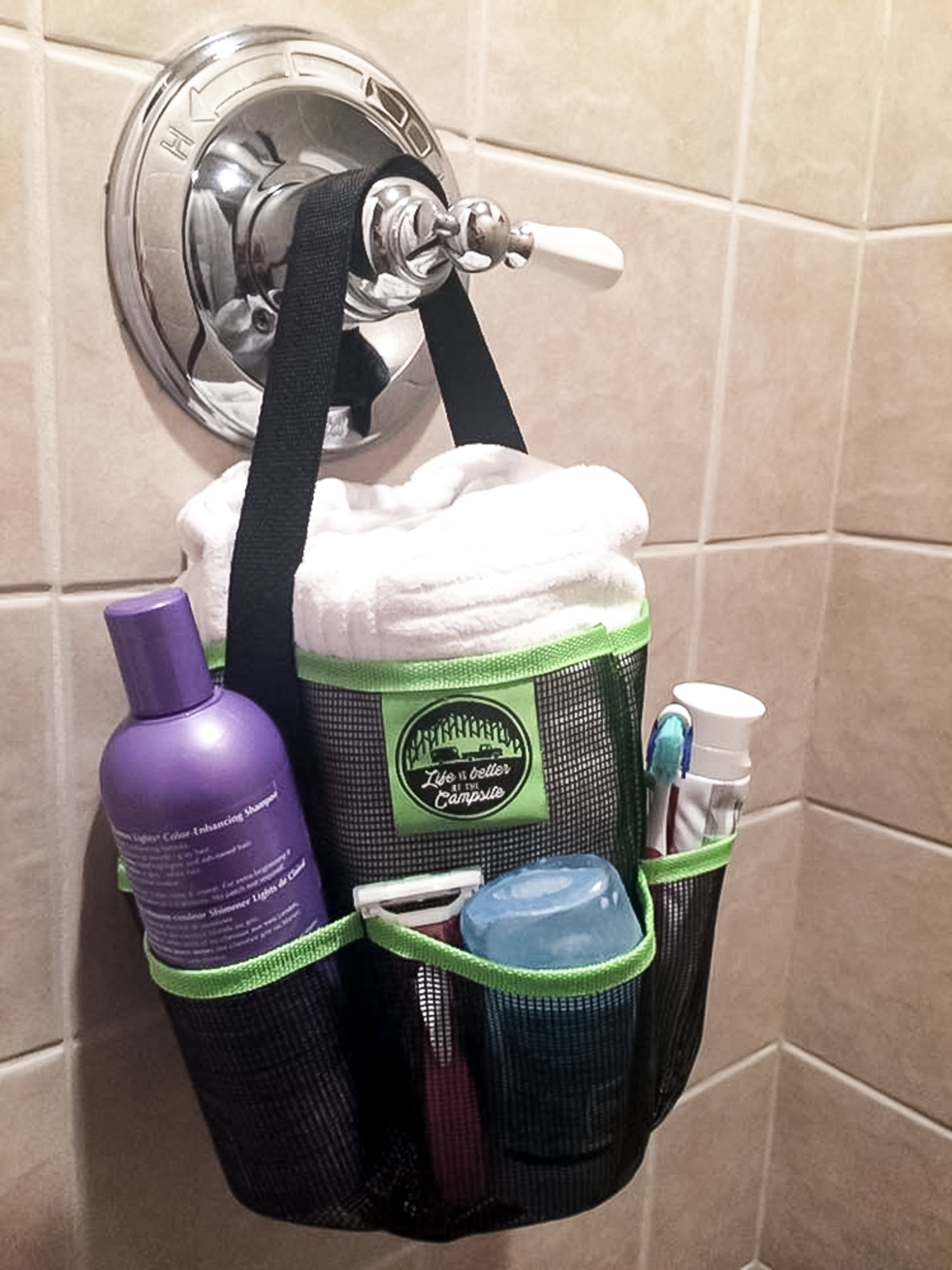 Camco Portable Mesh Shower Caddy with 6 Pockets (Green, 1 Pack) 7mgnr - Image 4