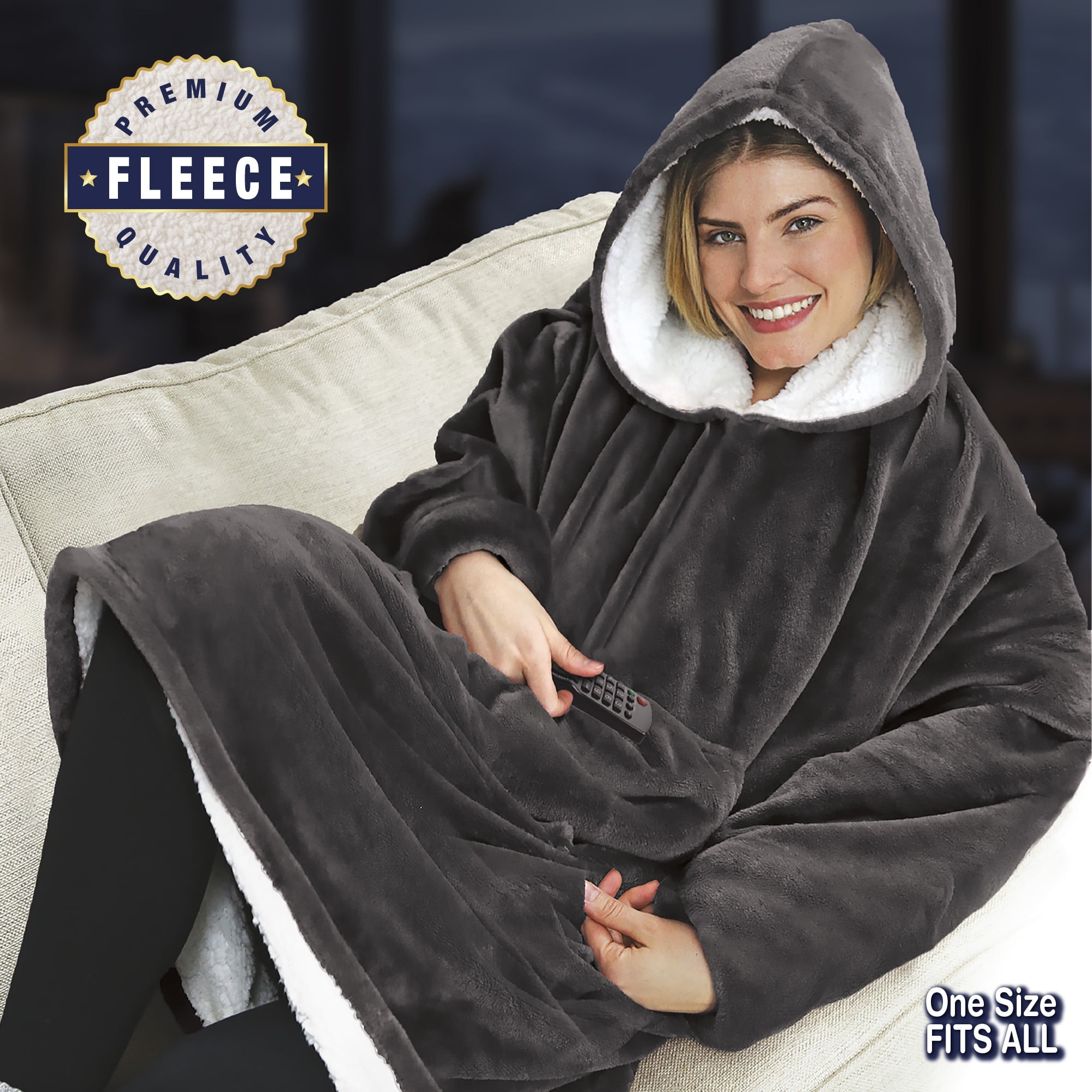 Huggle Wearable Blanket Hoodie, Ultra Plush Oversized Fleece Sweatshirt (Grey, One Size) fu7d0