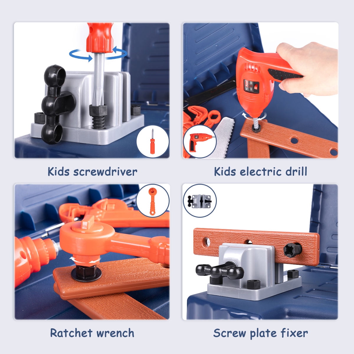 DAKOMM Kids Tool Bench Set with Electric Drill and Realistic Construction Accessories (Grey, 1 Set) 97cxl