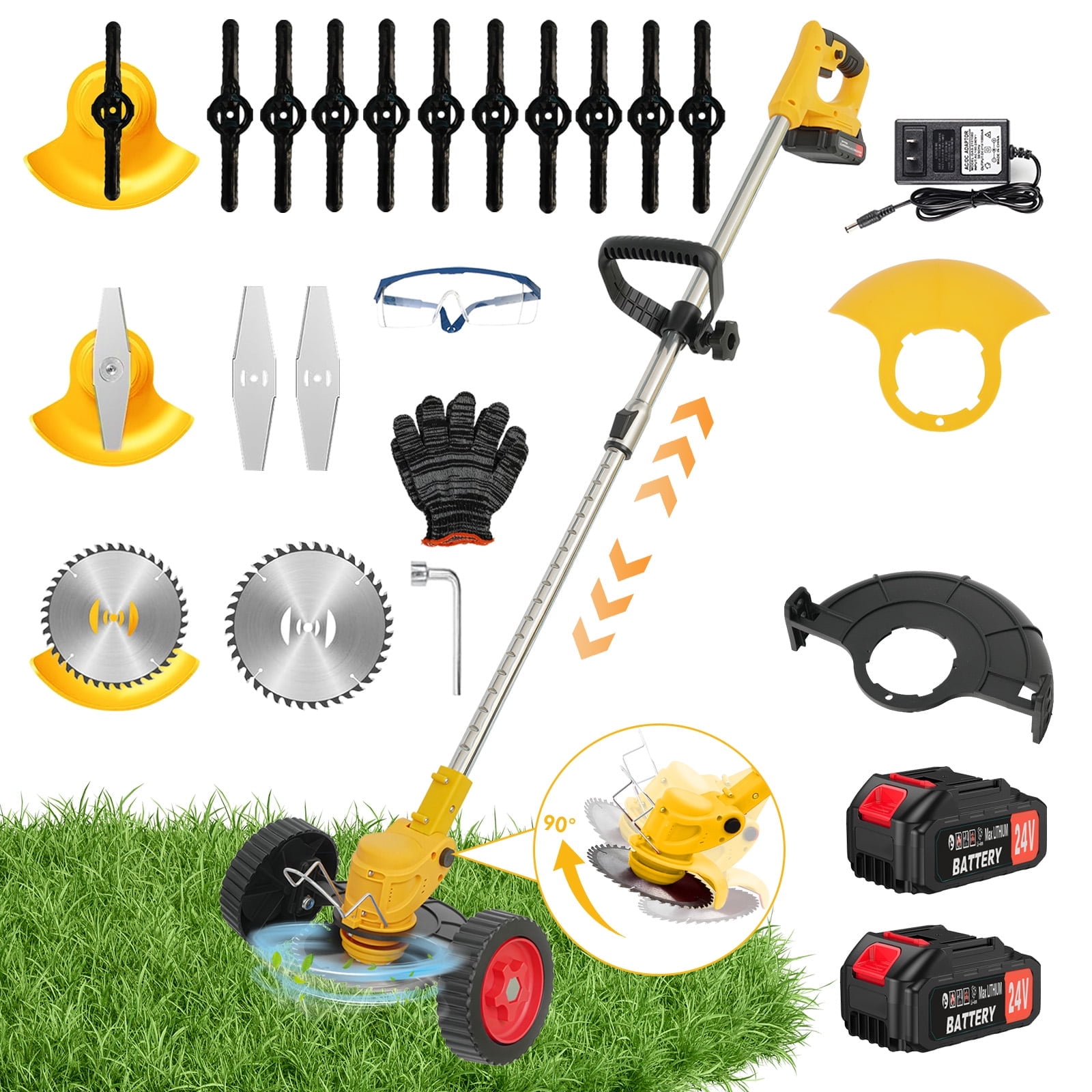 CATGOOD 24V Cordless Electric Grass Trimmer, 3-in-1 Weed Eater with Wheels, 3 Blade Types, 2 Batteries & Fast Charger (Red) id159