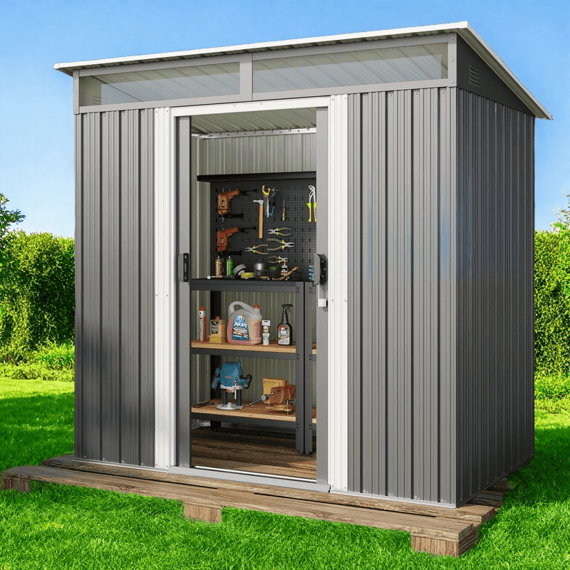 Aiho 6x4 ft Outdoor Storage Shed, Weather-Resistant Garden Tool House with Sliding Doors (Gray, 42.9 in x 76.8 in x 77.2 in) mhtc2