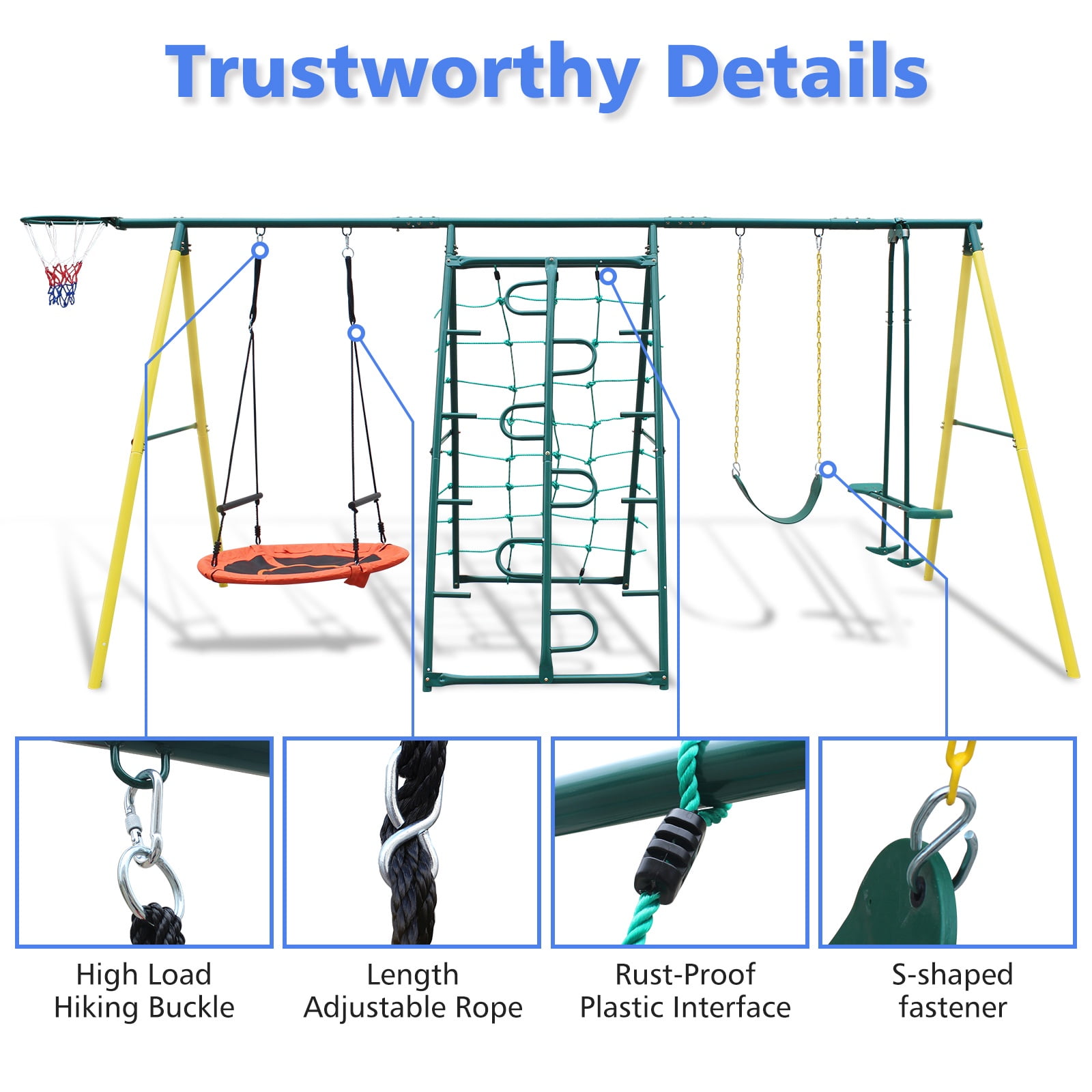 Segmart 6-in-1 Backyard Swing Set with Climbing Ladder, Saucer Swing, and Basketball Hoop (Yellow) qm1zf