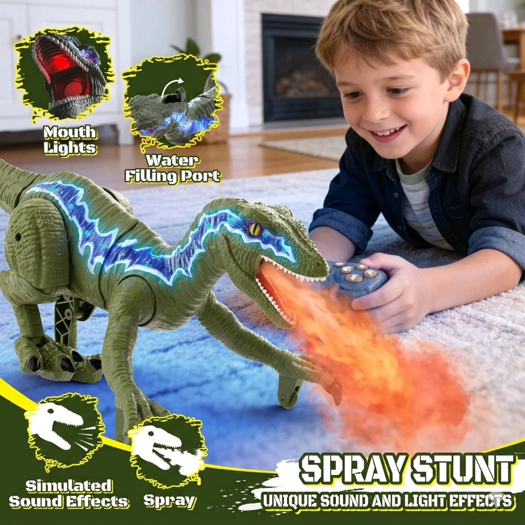 XINGLUKE Remote Control T-Rex Dinosaur Toy, Walking RC Robot with LED Lights and Mist Spray (Green, 12 in) g3l9o
