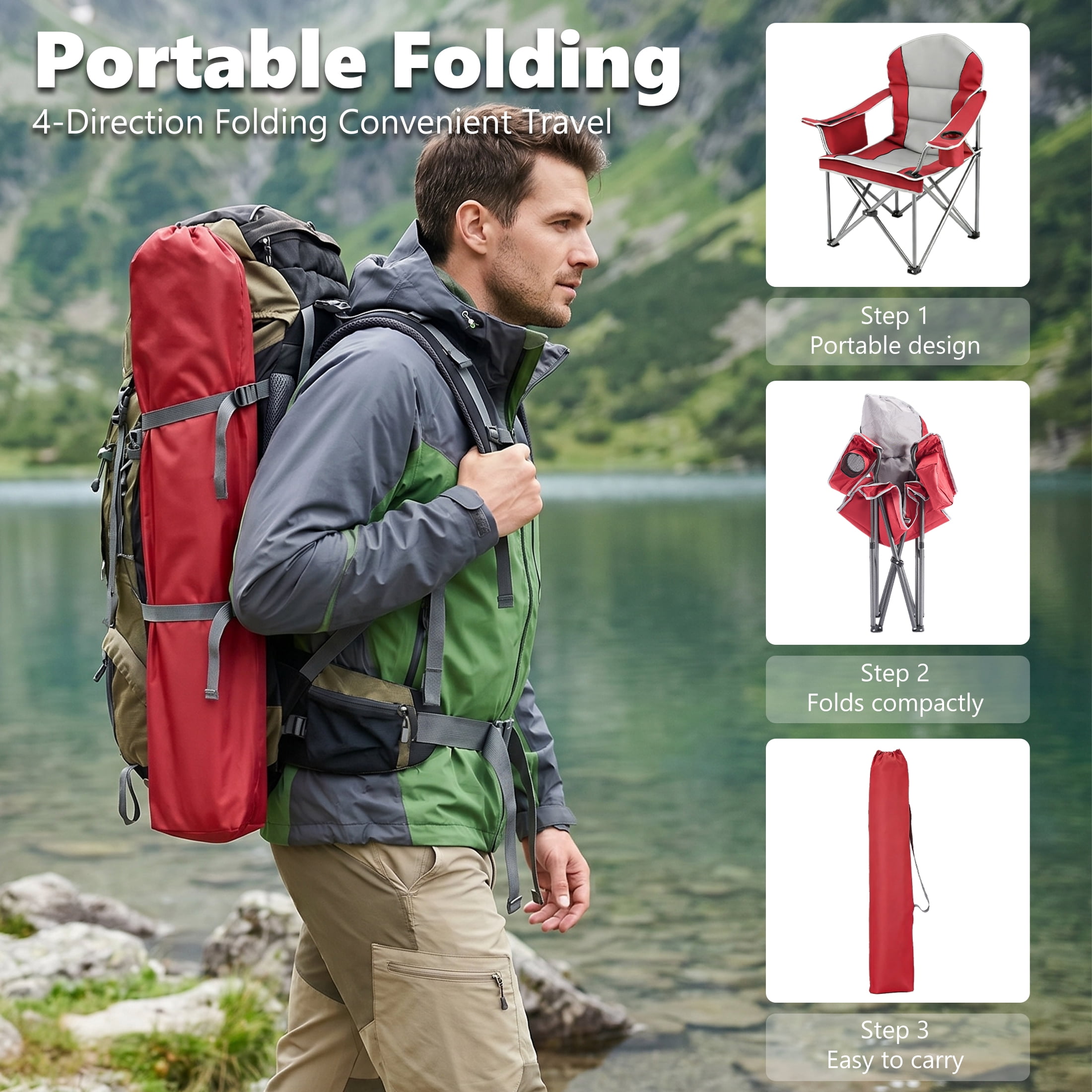 EDX Heavy Duty Camping Chair, Oversized Folding Lawn Chair with Padded High Back and Cup Holder (Red, 500 lb Capacity) rqhyo