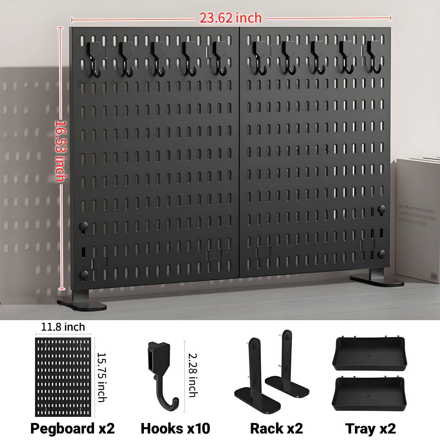ENJOYWOOD Freestanding Pegboard Desktop Organizer Set with Hooks and Shelves (Black, 23.5 x 16.5 in) lky18