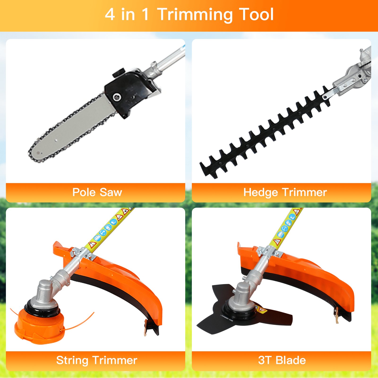 Syngar 4-in-1 Gas Grass Trimmer and Brush Cutter Multi-Tool with Pole Saw and Hedge Trimmer (Orange, 33cc) qhwwv