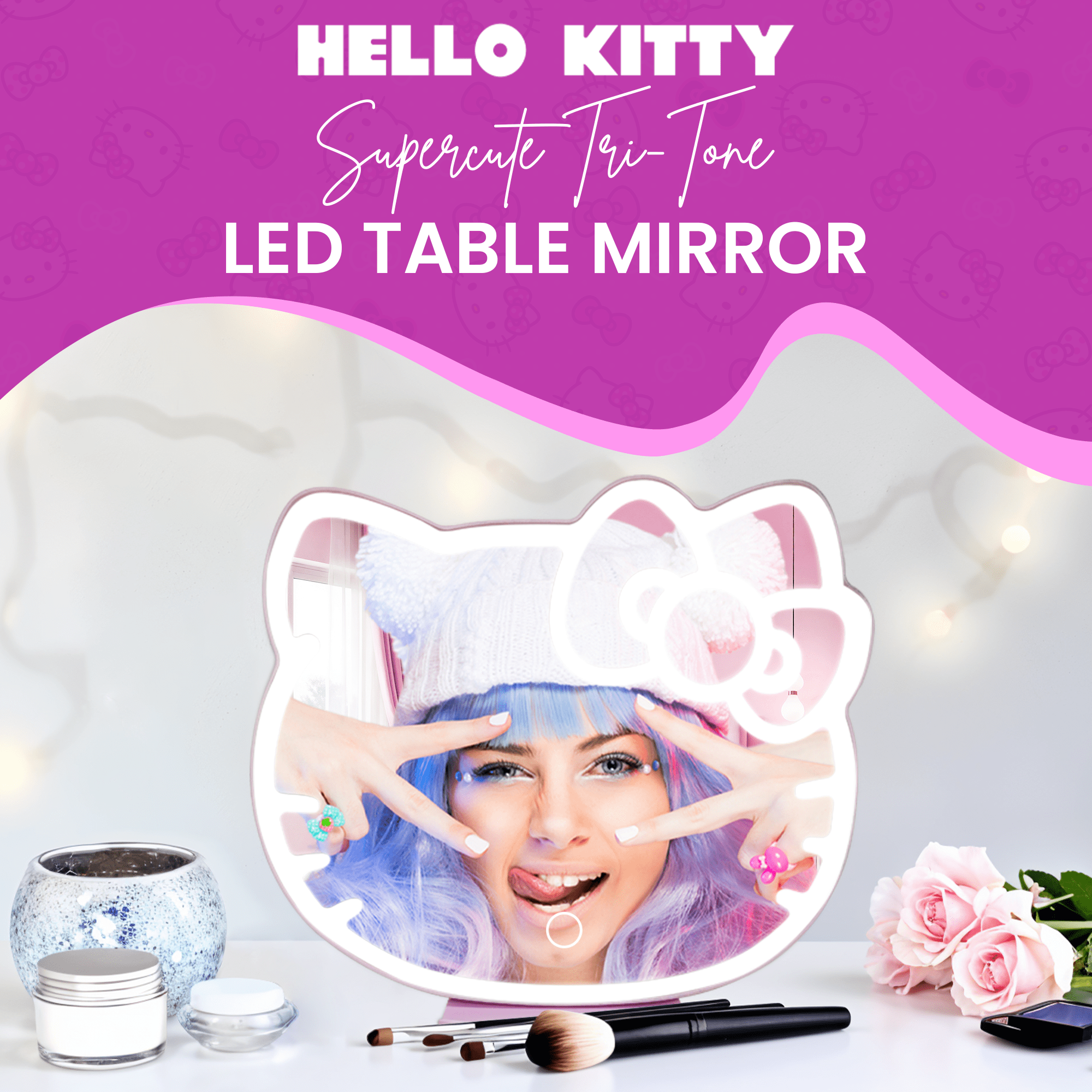 Impressions Vanity Hello Kitty LED Makeup Mirror with Touch Sensor and Dimmable Lighting (Pink, 12 in) uqhzb