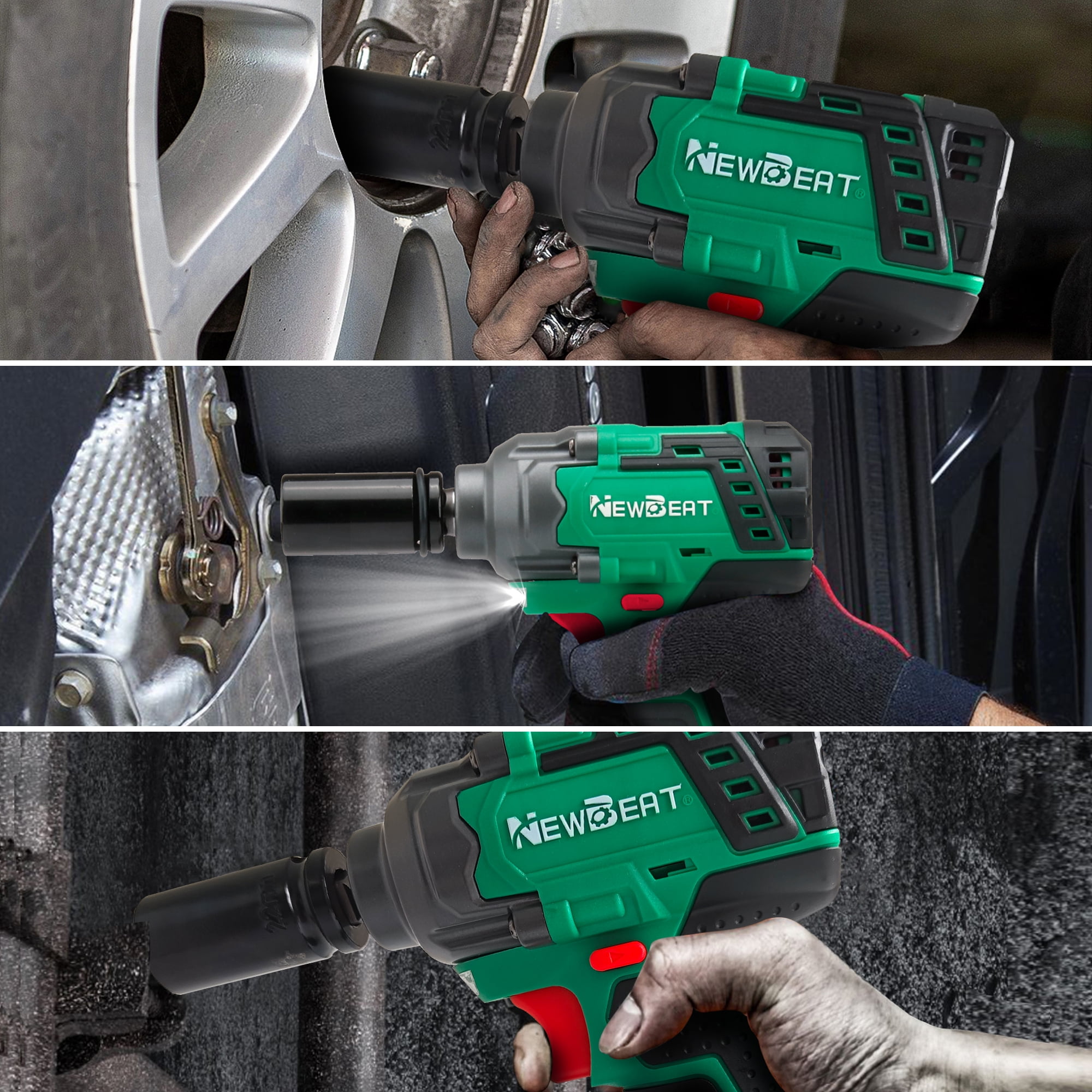 NEWBEAT Cordless Impact Wrench Set, 1/2 in Brushless Power Tool, 405 ft-lb Torque, Variable Speed for Automotive and Home DIY (Green, 1 Set) wlhxu
