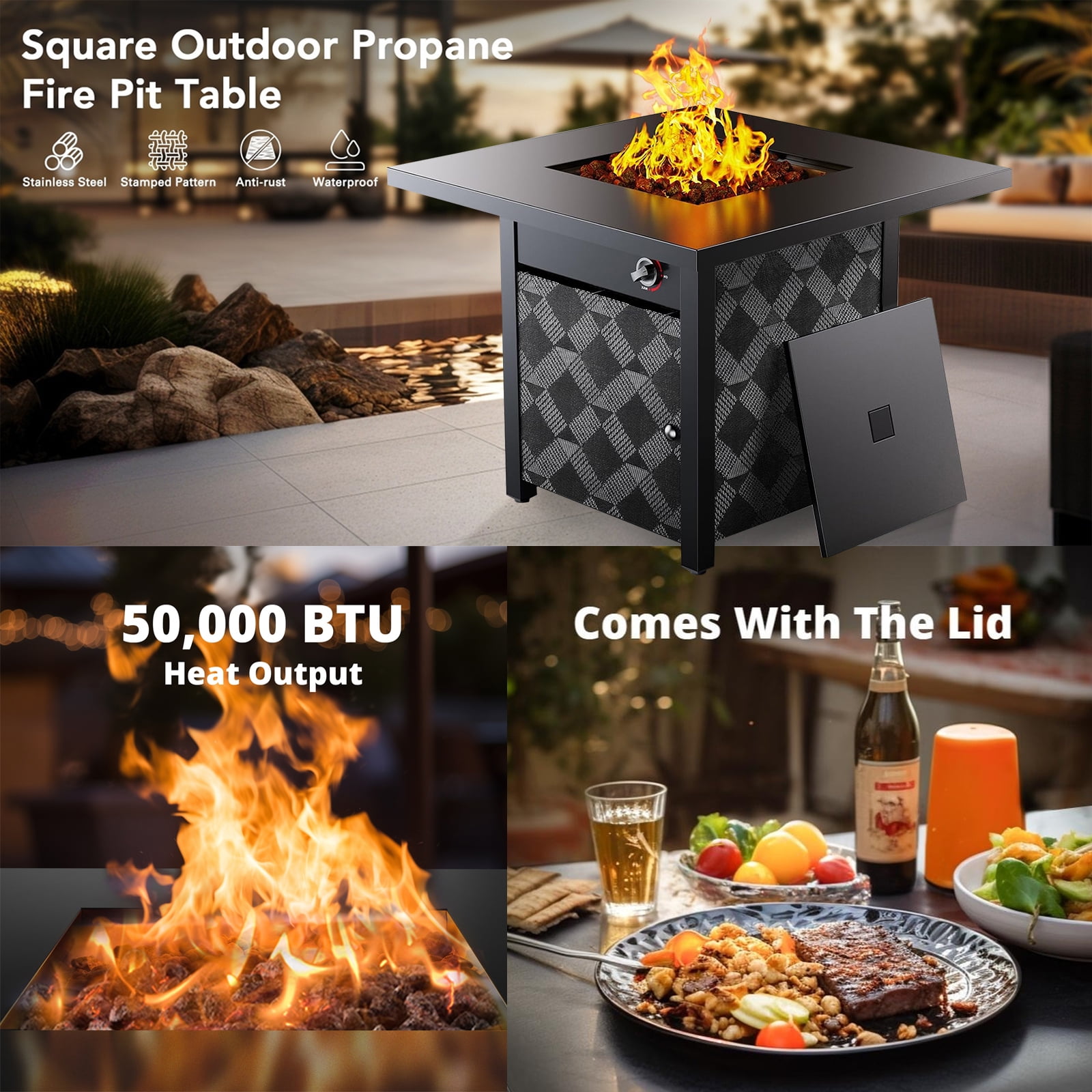 Philergo 28 in Propane Fire Pit Table, 50,000 BTU Square Gas Fire Pit with Removable Lid and Lava Rocks (Black, 28 in) f1rjx