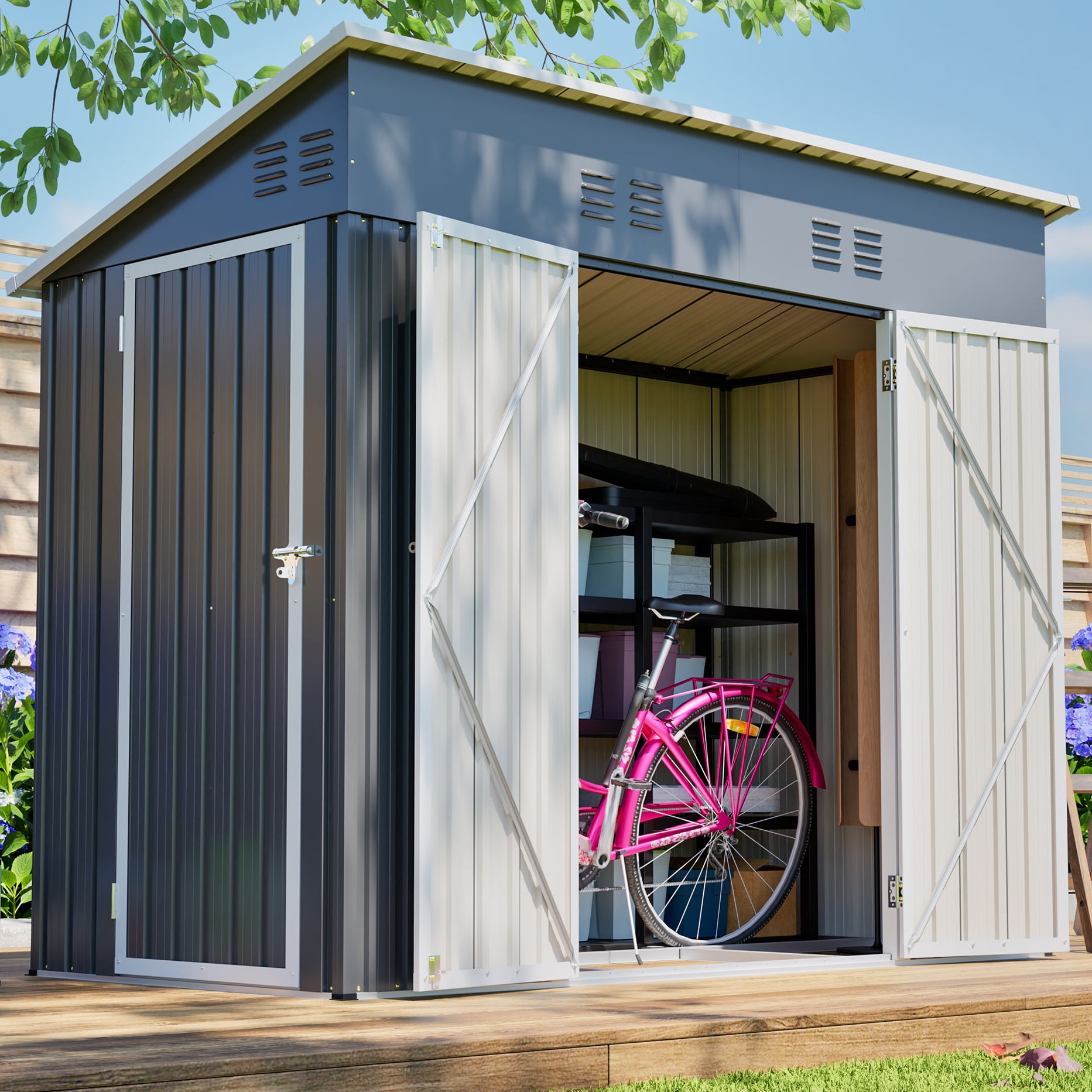 LZBEITEM Outdoor Metal Storage Shed, Weather-Resistant Garden Tool Shed with Galvanized Floor Frame (Grey, 8 ft x 4 ft) ere2c