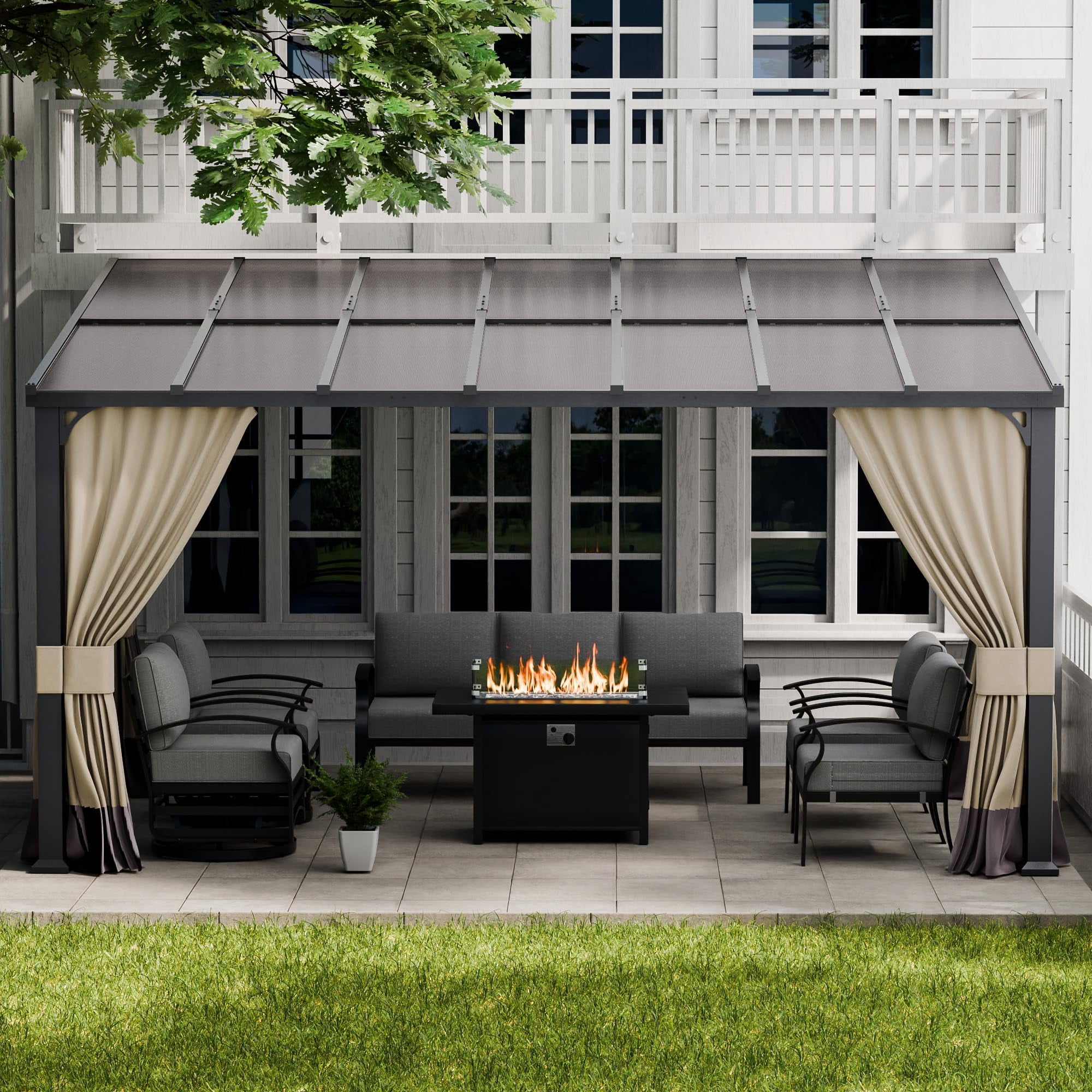 ALAULM Wall Mount Hardtop Gazebo with Curtains and Netting, Outdoor Patio Pergola (Sand, 10 ft x 14 ft) d3rk4