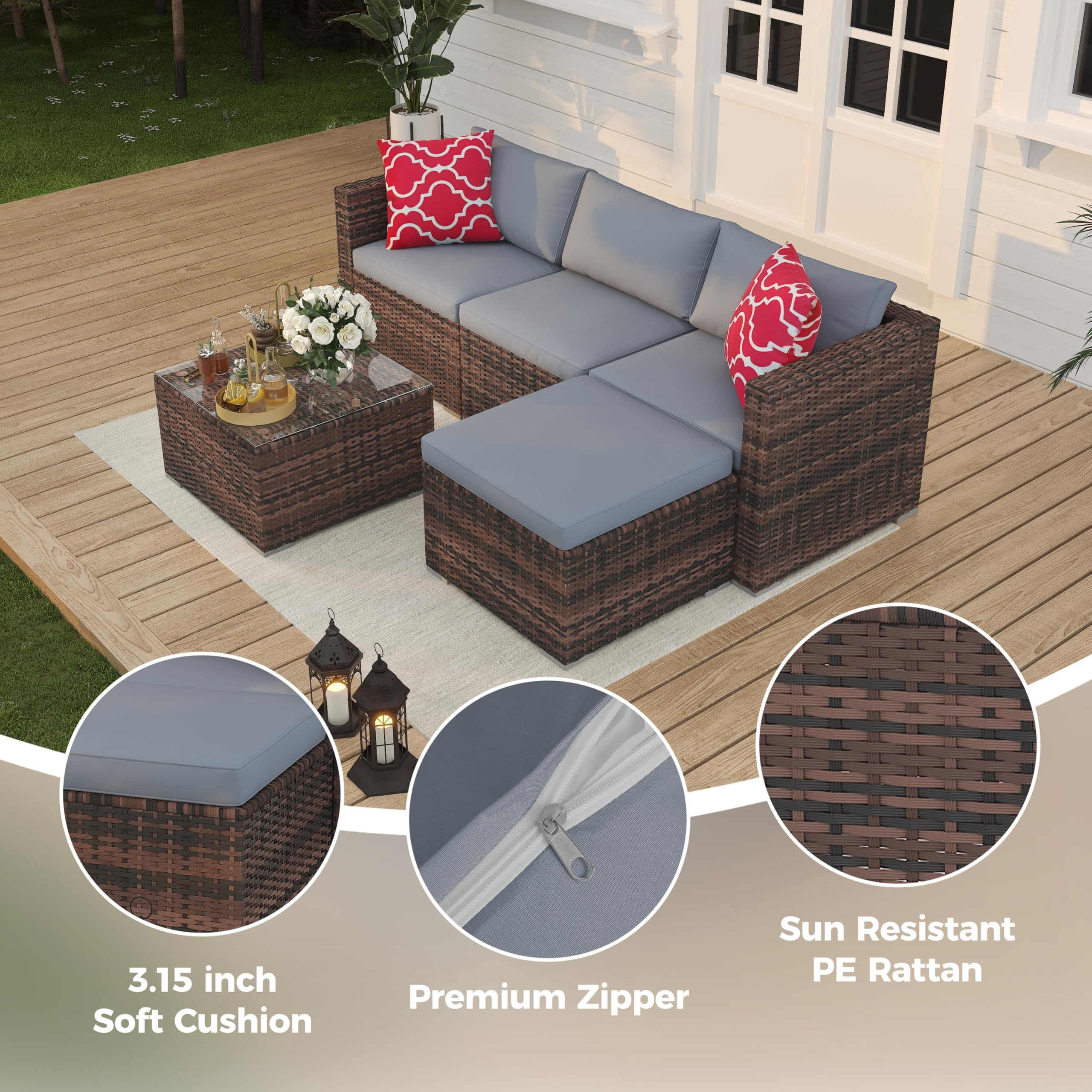EliteEdge 5-Piece All-Weather PE Rattan Patio Sofa Set, Modular Outdoor Furniture with Tempered Glass Table and Waterproof Cushions (Brown Rattan, Light Grey Cushion, 5-Piece Set) i6xq3
