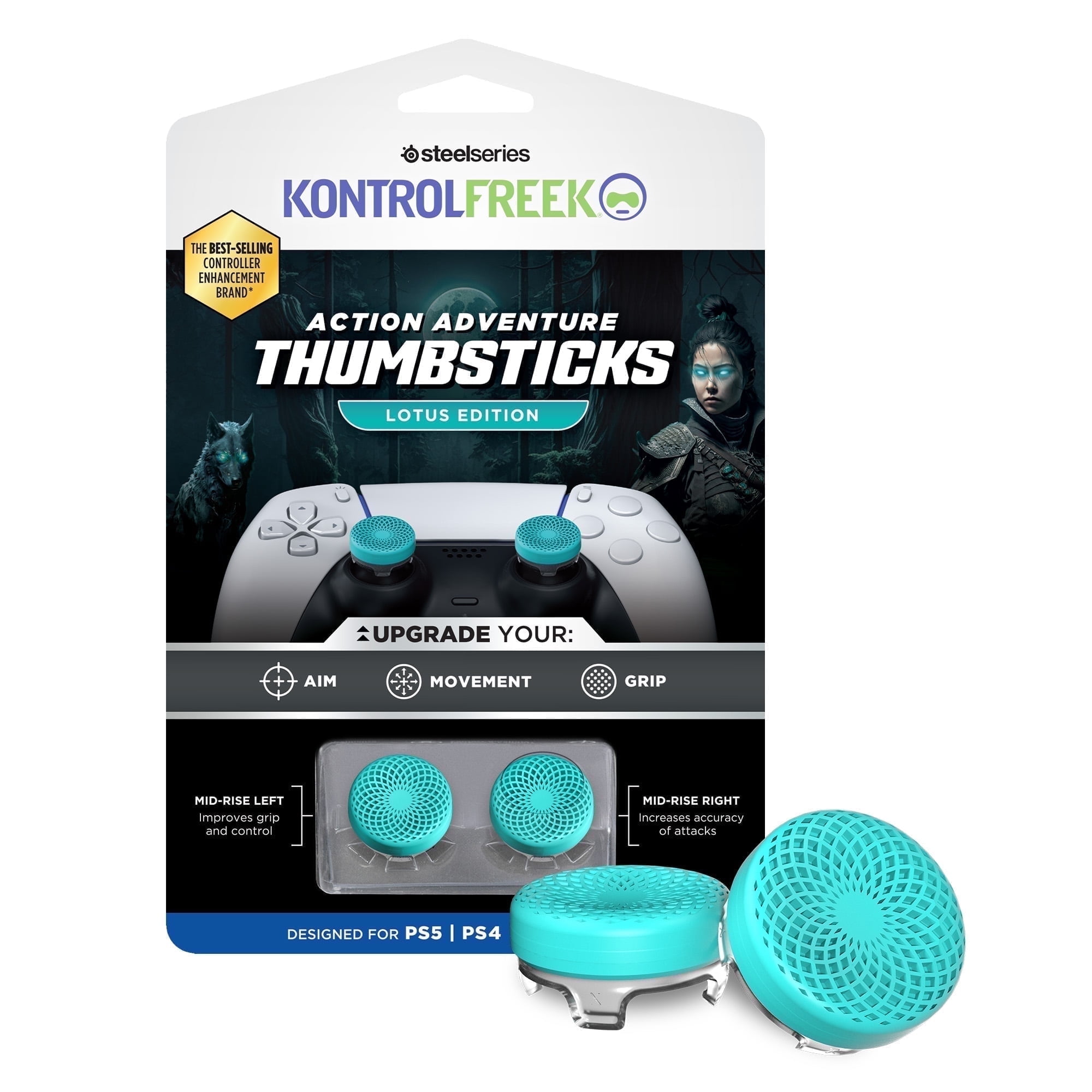 KontrolFreek Lotus Performance Thumbsticks for PlayStation 5 and PlayStation 4 (Mid-Rise Concave, Teal/Clear, 2 Pack) l1fmf