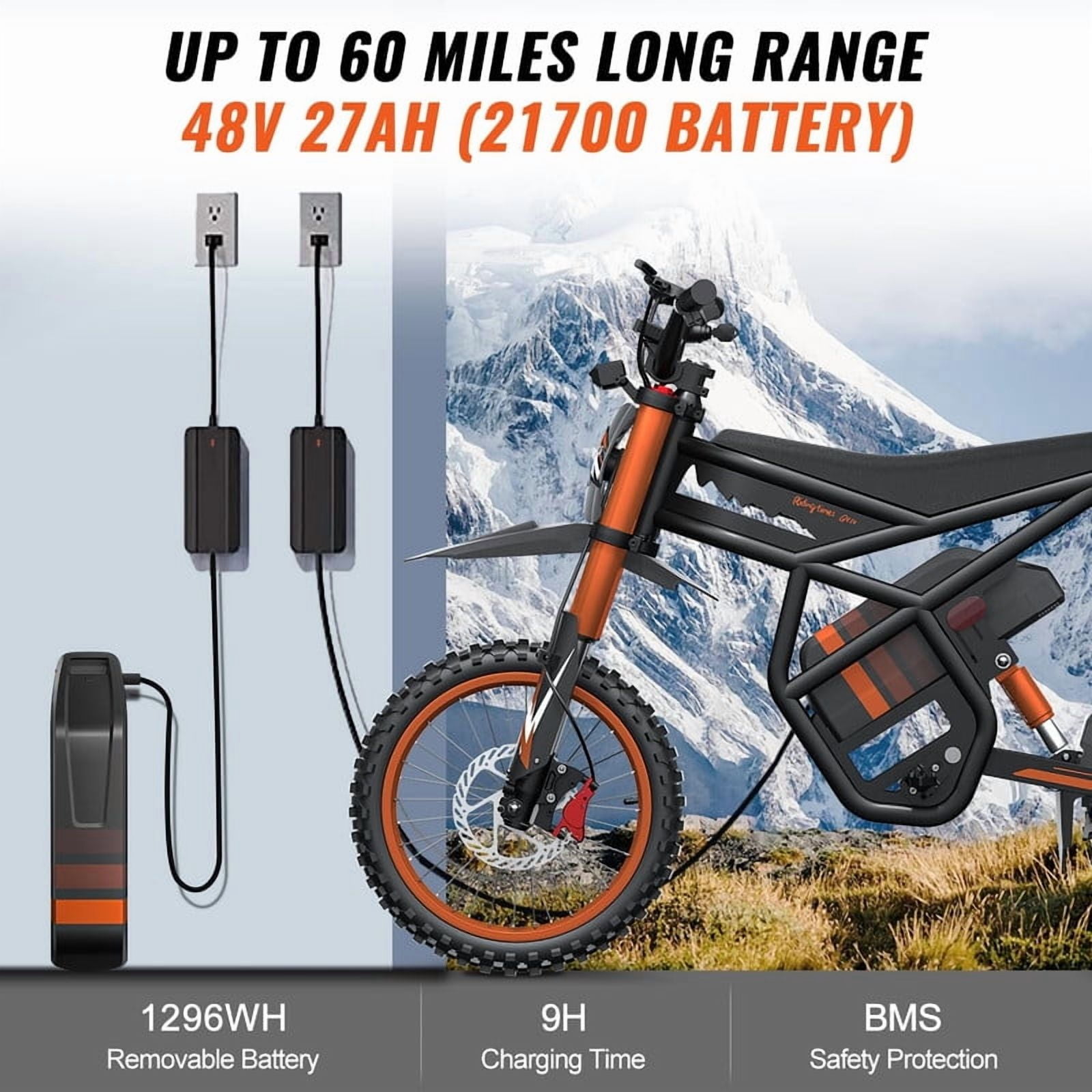Riding'Times GT54 Electric Dirt Bike, 2000W Off-Road E-Bike with 27AH Battery, Dual Hydraulic Brakes (14 in / 12 in Tires) lyd0o