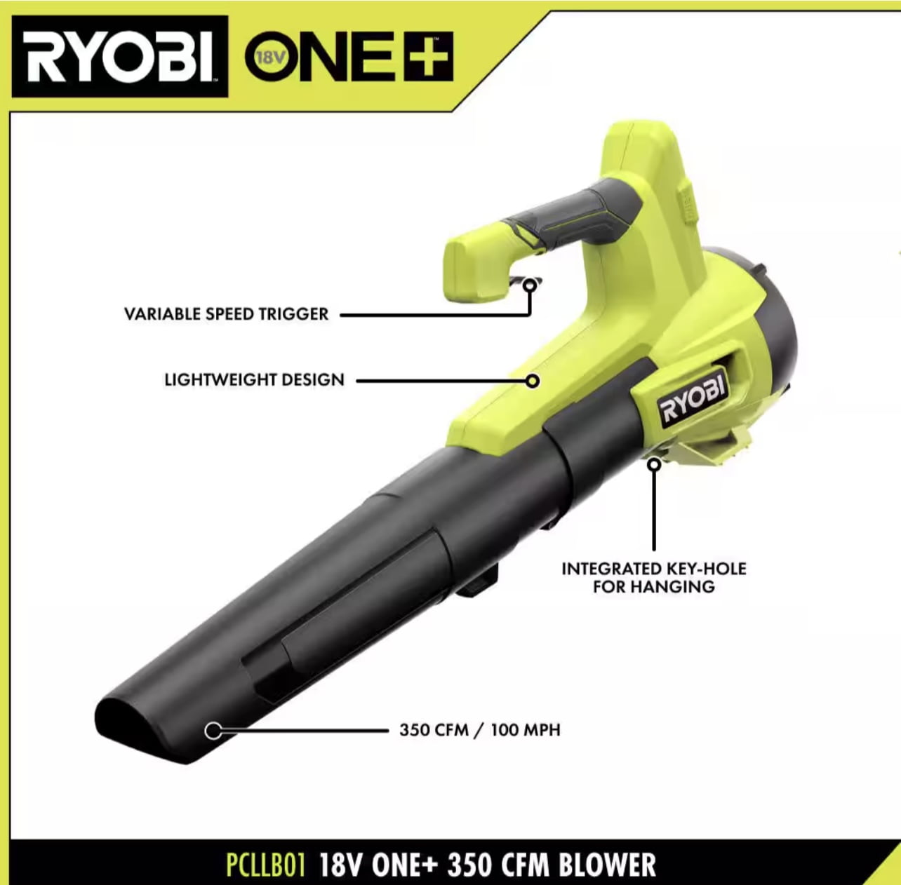 Ryobi ONE+ 18V Cordless Leaf Blower, High-Performance Airflow (100 MPH, 350 CFM) 2zgh2