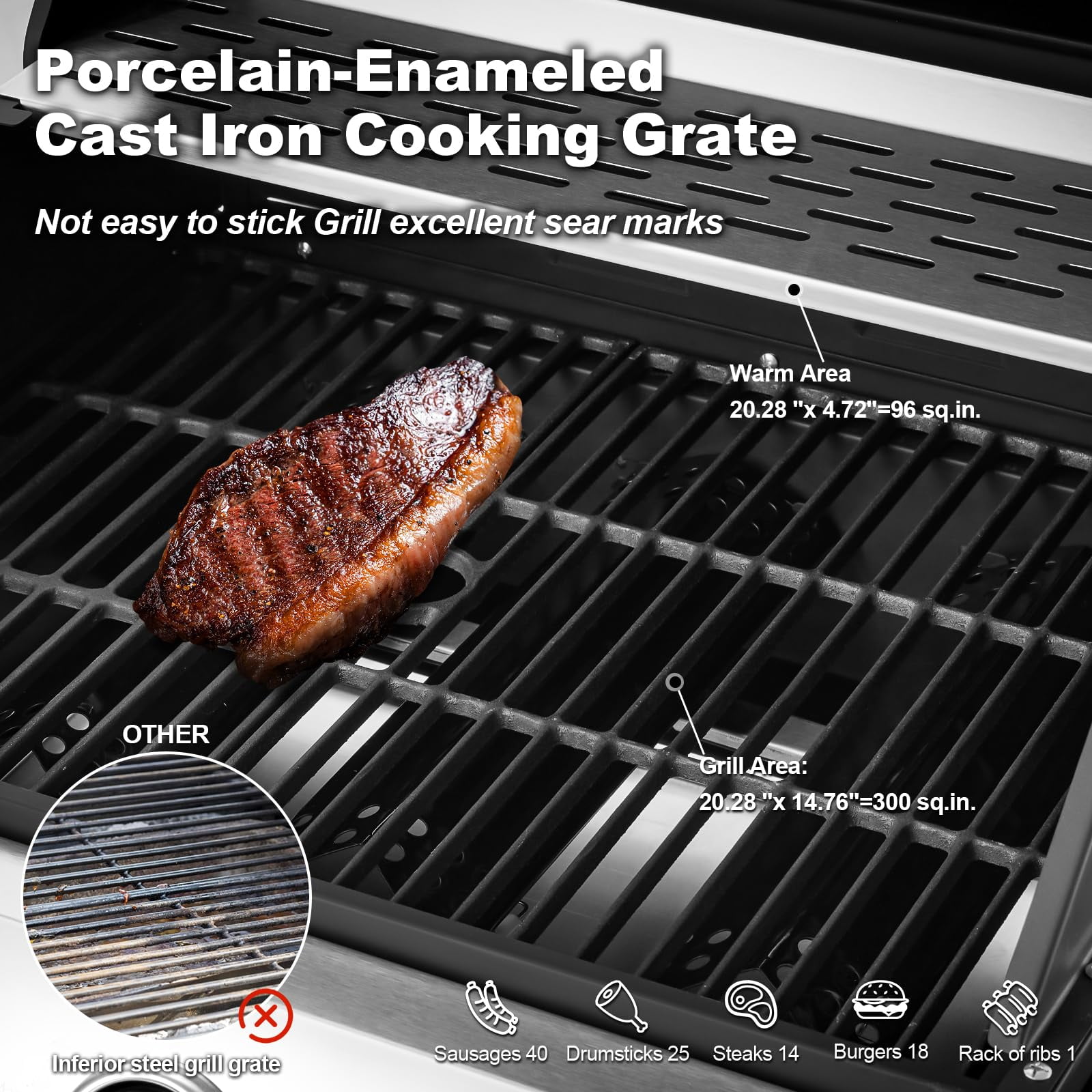 MELLCOM 3-Burner Propane Gas Grill with Side Stove and Cast Iron Grates (Black, 43.3 in x 18.9 in x 43.3 in) aifg2