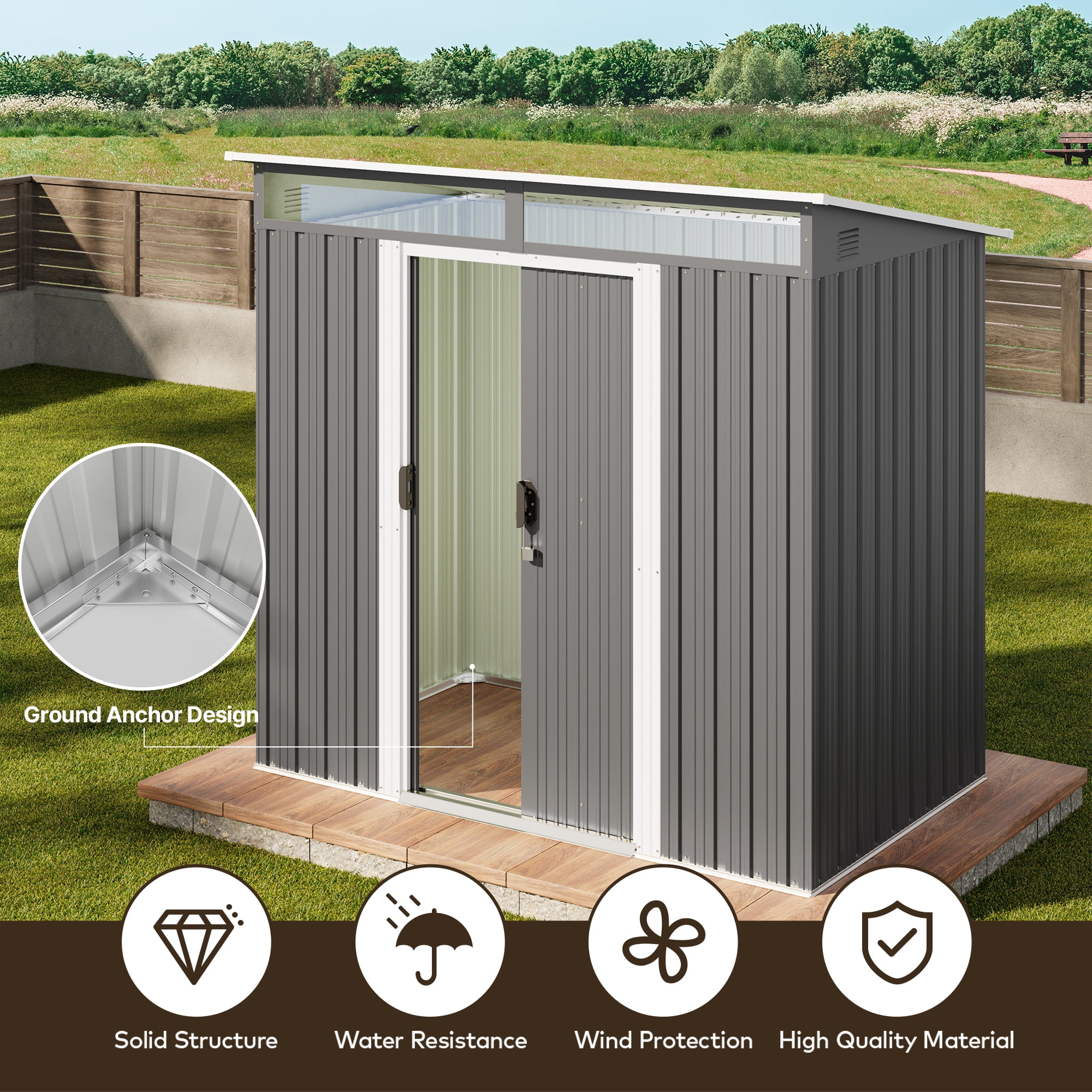 Aiho 6x4 ft Outdoor Storage Shed, Weather-Resistant Garden Tool House with Sliding Doors (Gray, 42.9 in x 76.8 in x 77.2 in) mhtc2